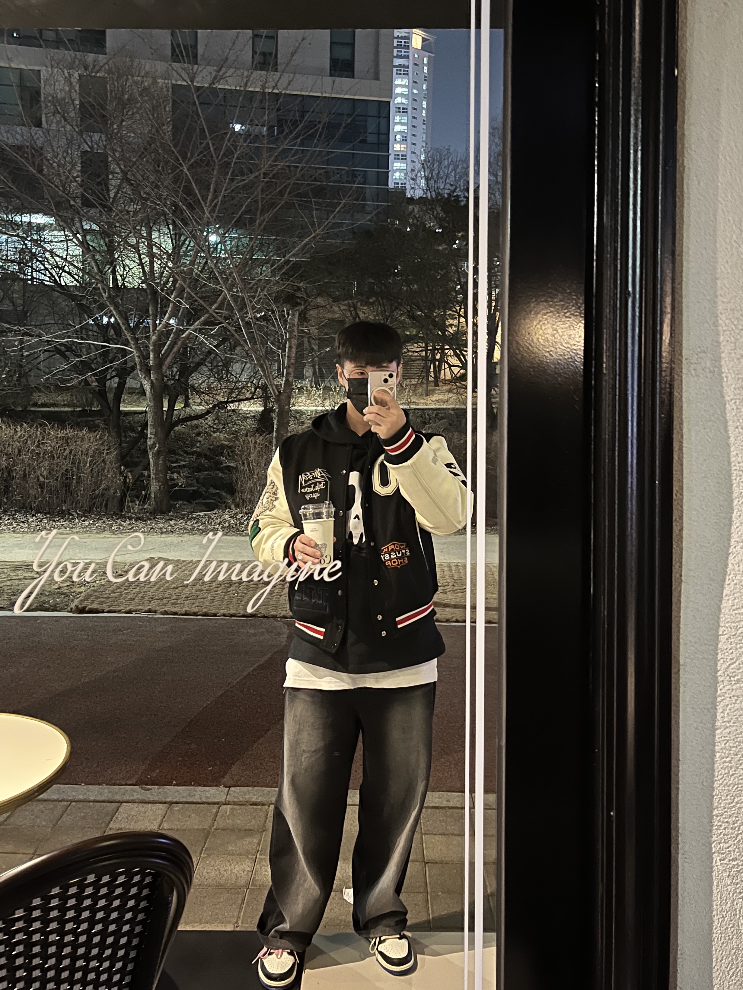 Jordan 1 x Travis Scott x Fragment Retro Low OG SP Military Blue, Our Legacy Loose Hoodie Maverick Skull Print Black 착용 스타일
