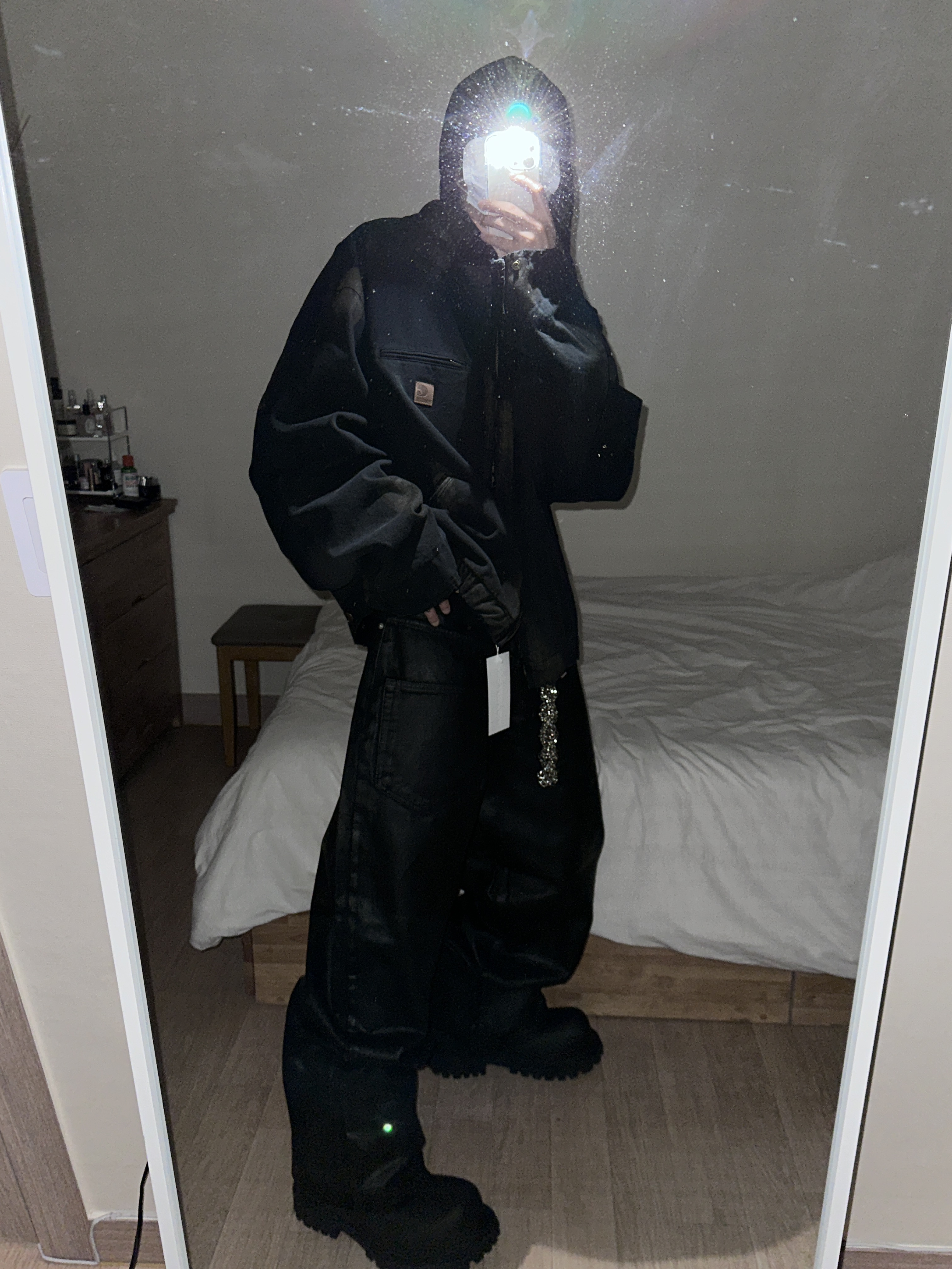 Project G/R Distressed Mud Work Jacket Black, Project G/R Coated Backward Denim Pants Black 착용 스타일 - 1