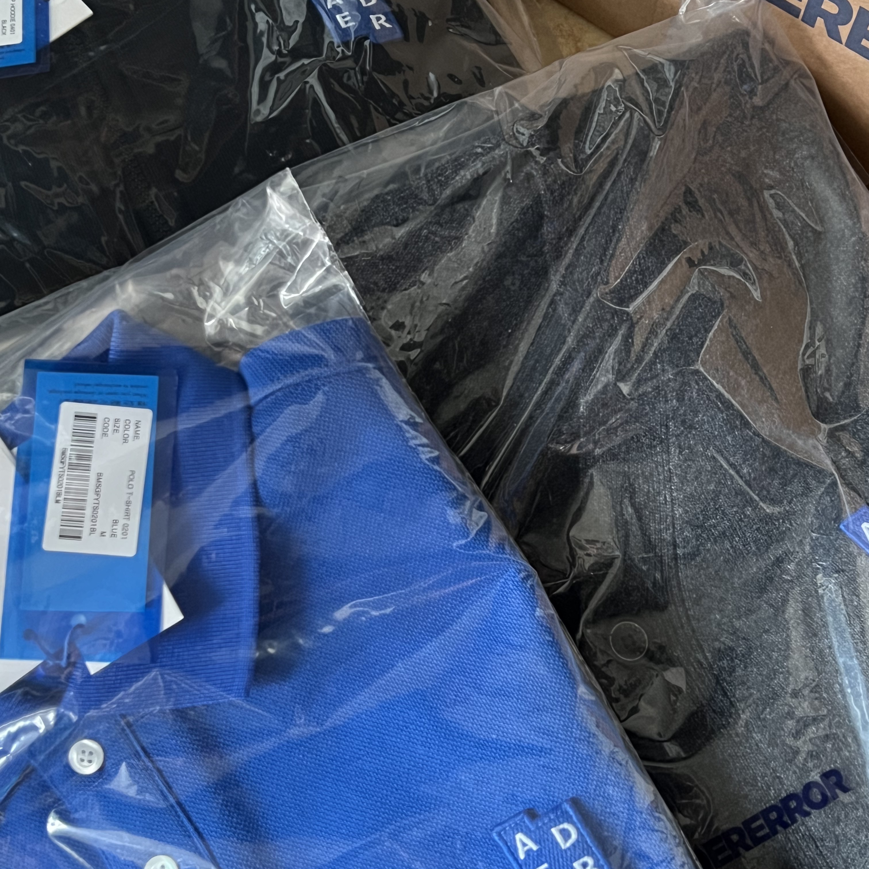 Ader Error Sig; TRS Tag Polo T-Shirt 01 Z-Blue, Ader Error Sig; TRS/BL Tag Hoodie Zip-Up 01 Black 착용 스타일