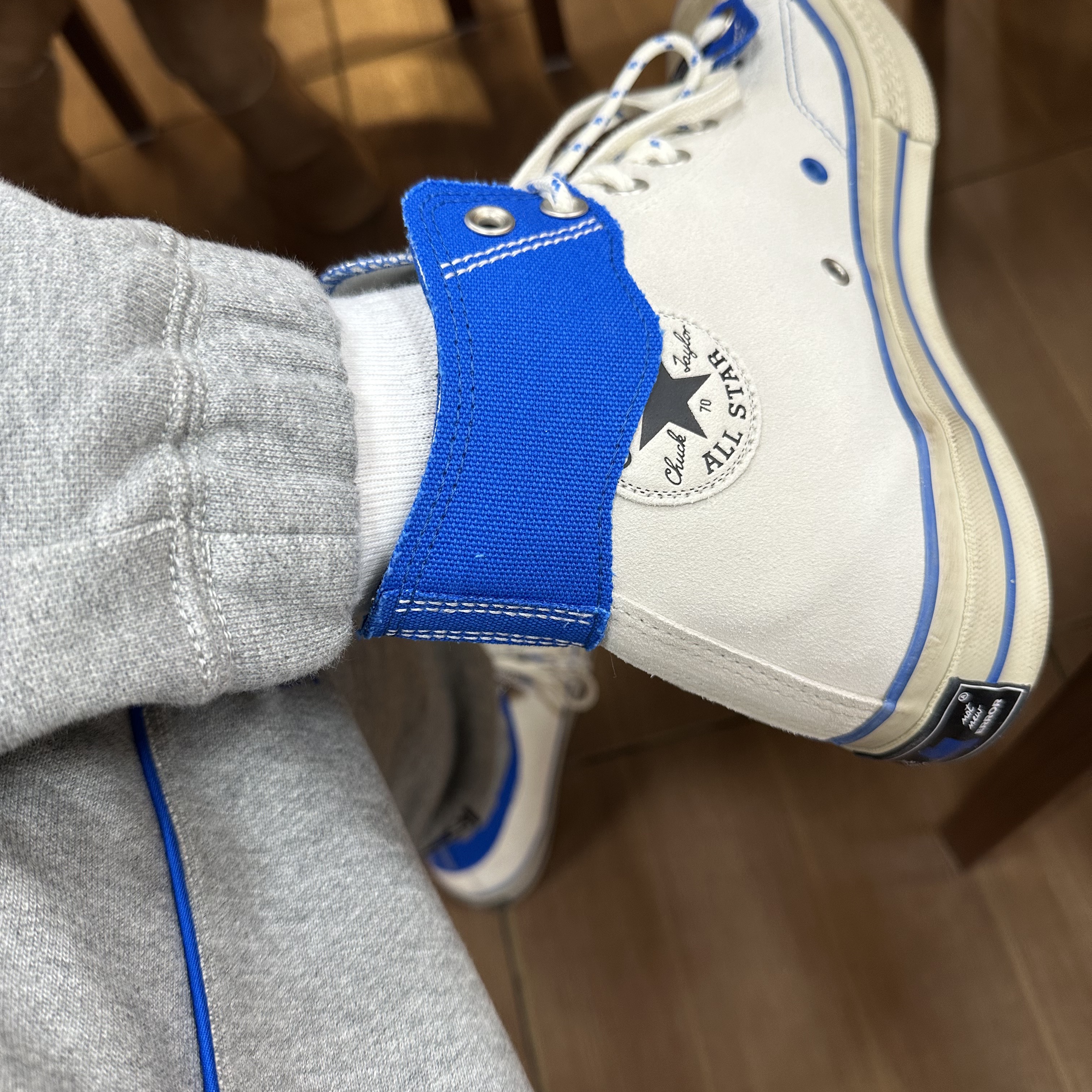 Converse x Ader Error Shapes Varsity Jacket Cobalt, Converse x Ader Error Chuck 70 High White 착용 스타일