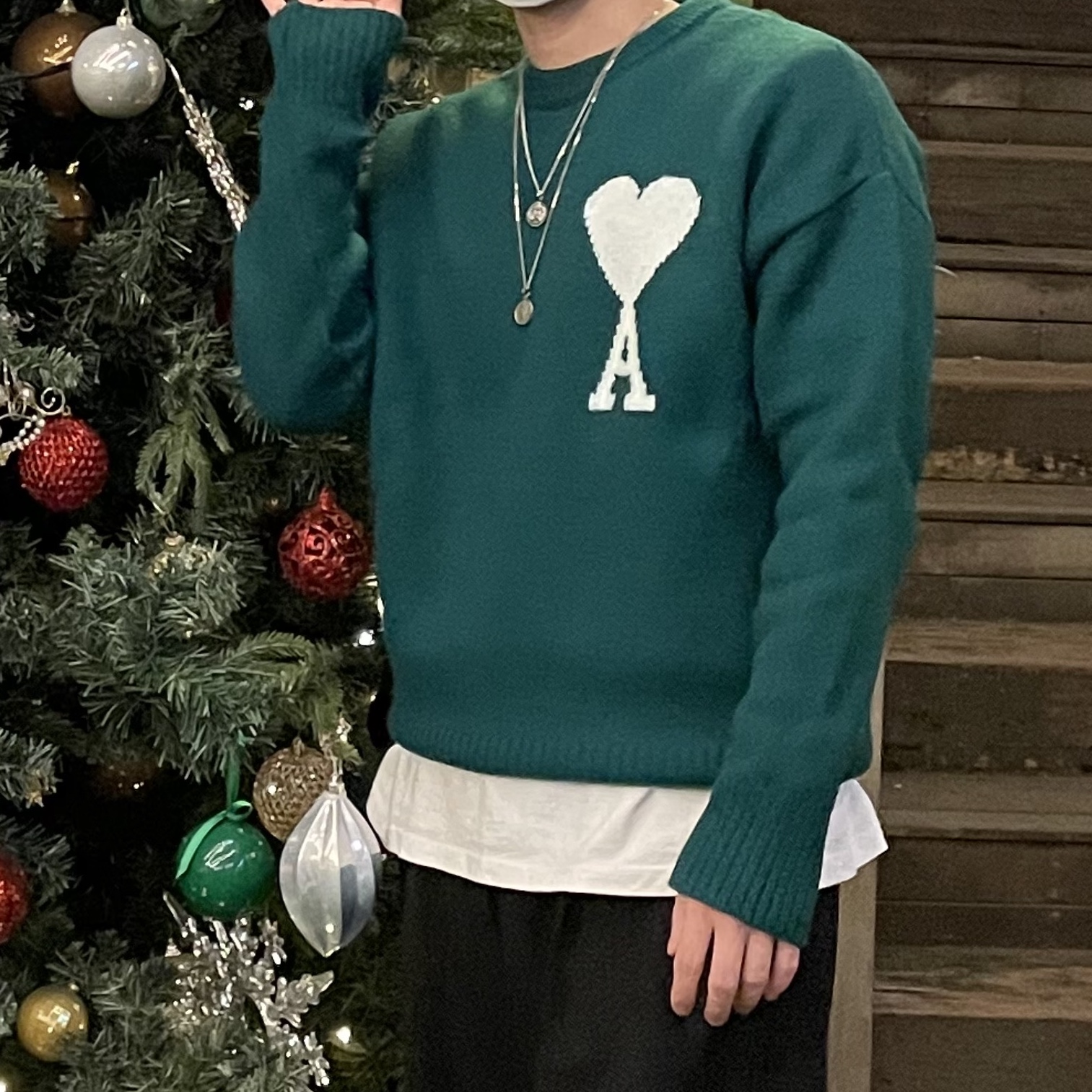 AMI de Coeur Oversize Intarsia Sweater Green - 21FW 착용 스타일