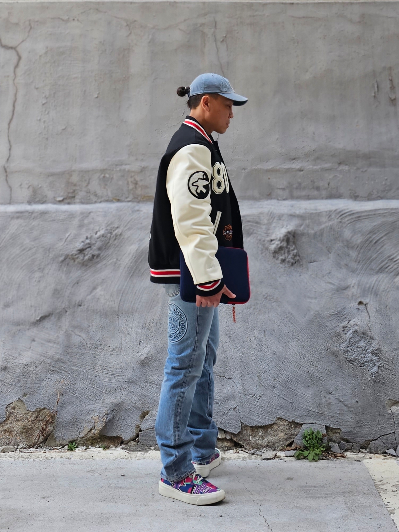 Double RL Garment Dyeing Twill Ball Cap Blue, Stussy x Our Legacy x Denim Tears TTL Varsity Jacket Black 착용 스타일 - 2