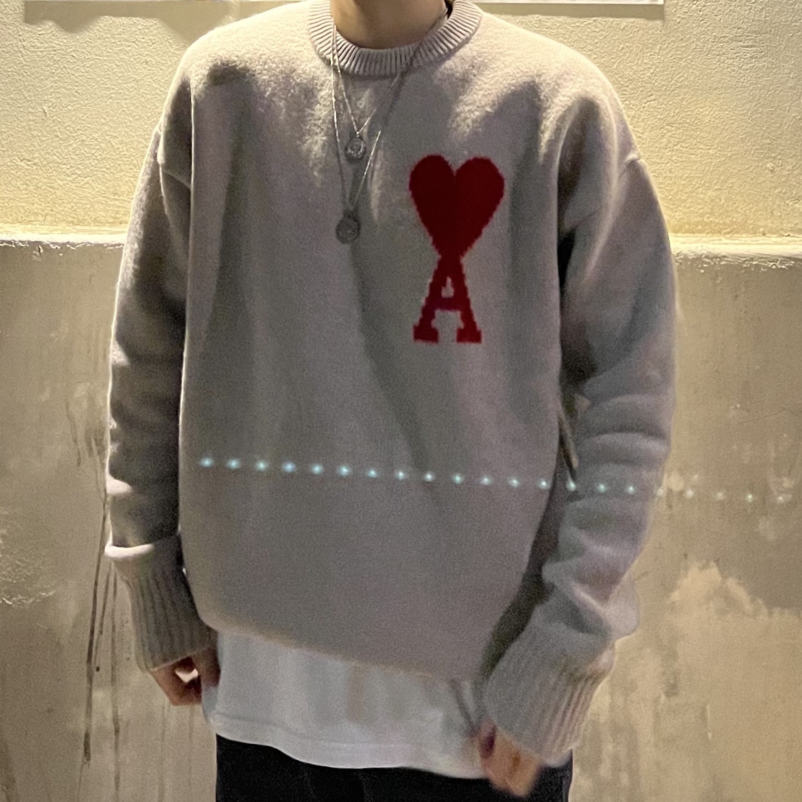 AMI de Coeur Oversize Intarsia Sweater Beige - 21FW 착용 스타일