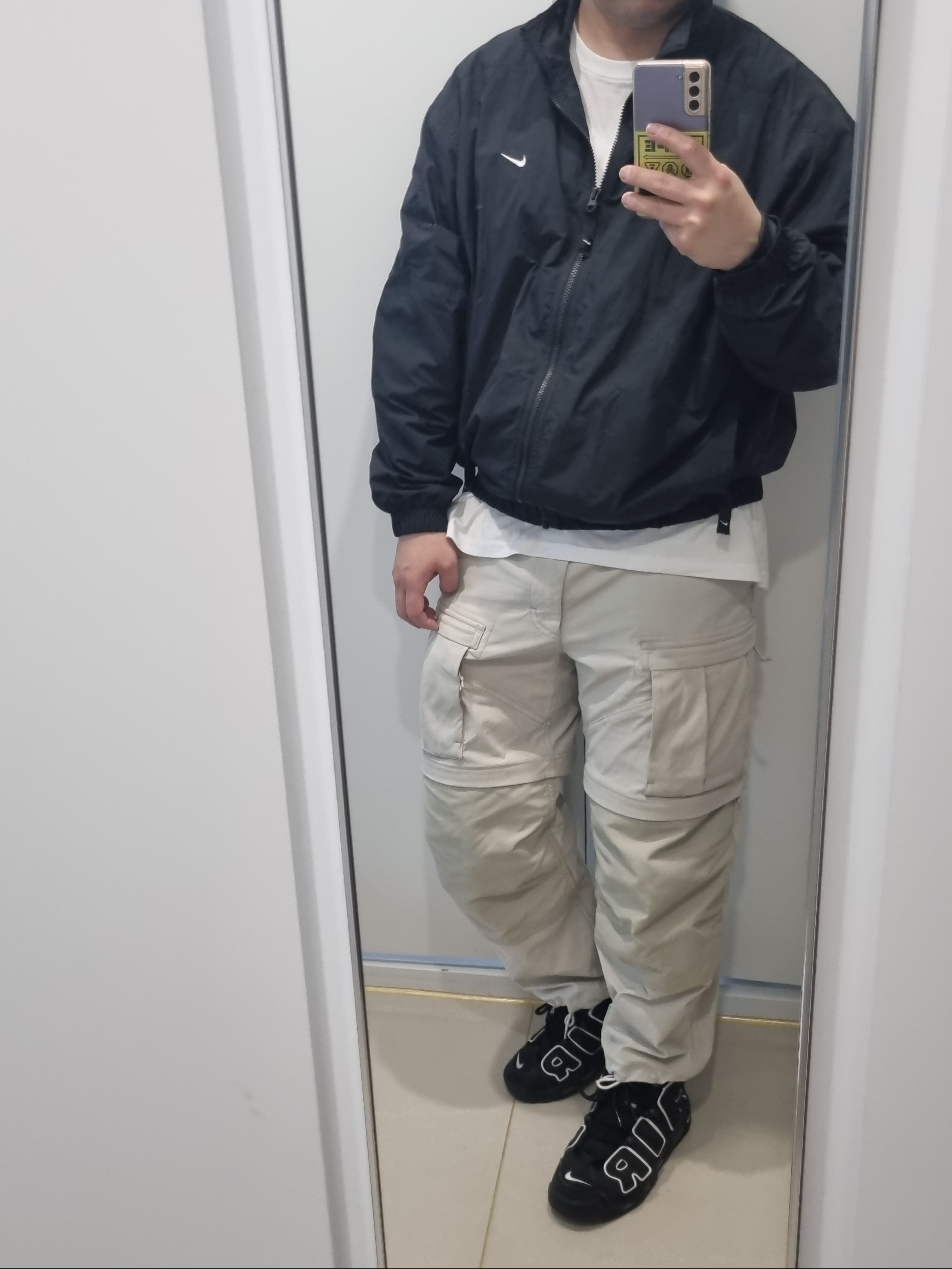 Nike Air More Uptempo Black White 2020, Nike NRG Solo Swoosh Woven Track Jacket Black - US/EU 착용 스타일