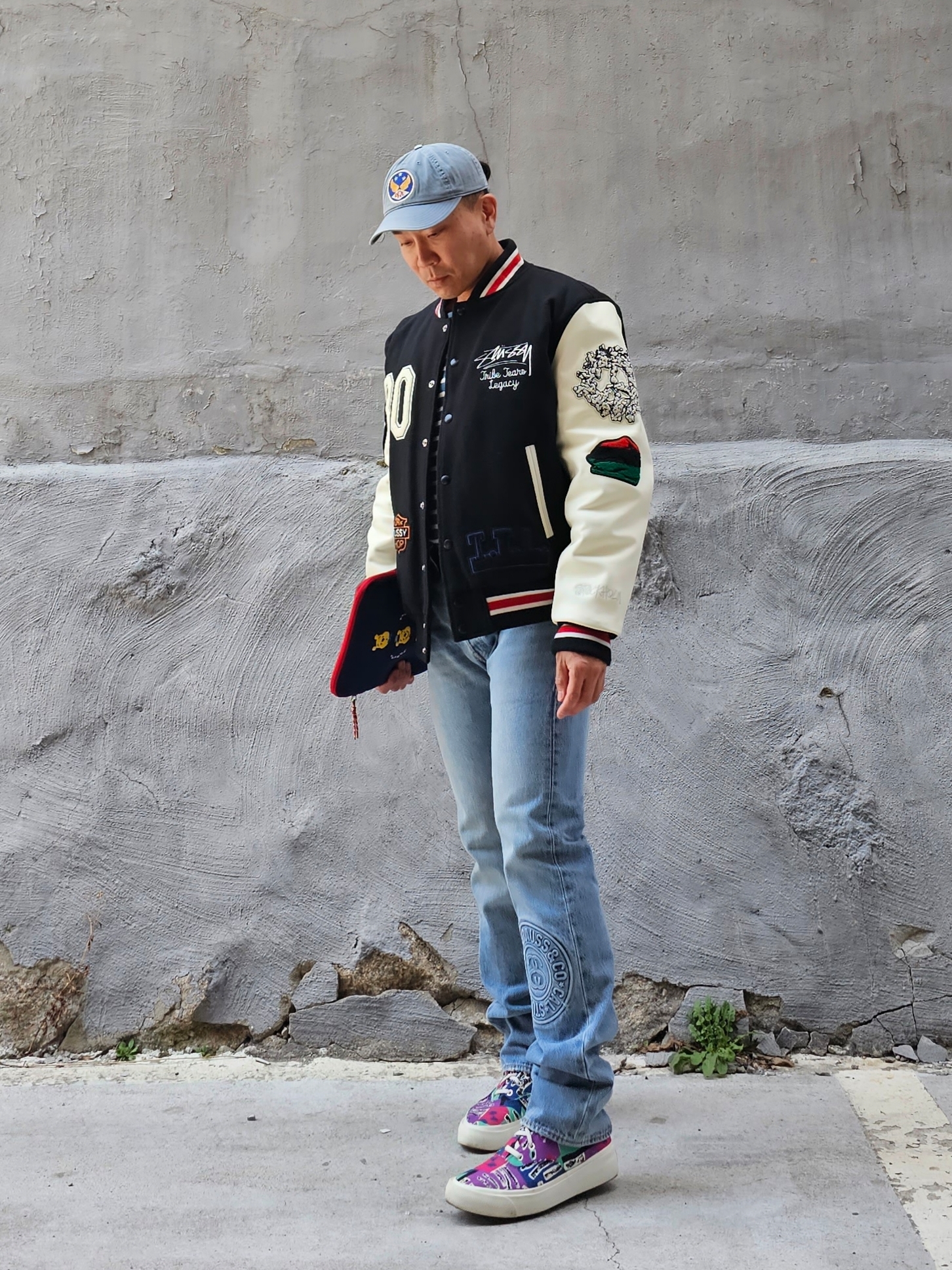 Double RL Garment Dyeing Twill Ball Cap Blue, Stussy x Our Legacy x Denim Tears TTL Varsity Jacket Black 착용 스타일 - 1