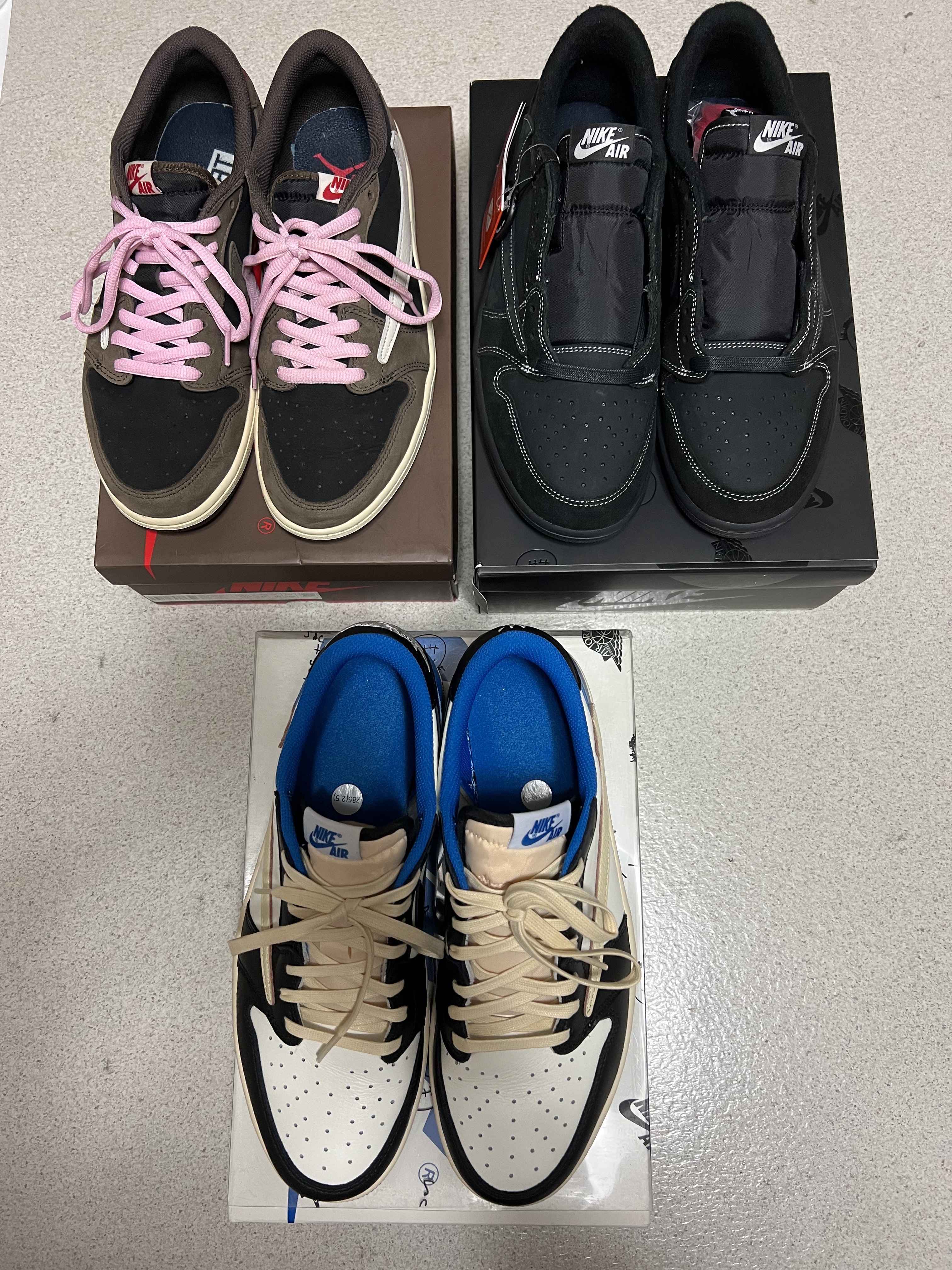 Jordan 1 x Travis Scott Retro Low OG SP Black Phantom, Jordan 1 x Travis Scott x Fragment Retro Low OG SP Military Blue 착용 스타일