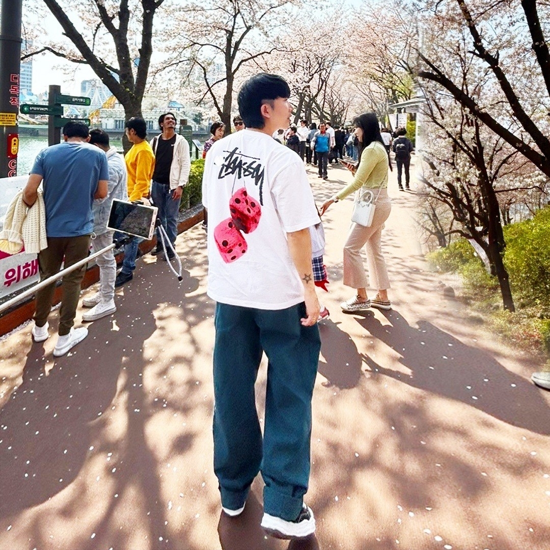 Stussy Fuzzy Dice T-Shirt White, Maison Mihara Yasuhiro Blakey OG Sole Canvas Low-top Sneakers Black White 착용 스타일 - 2