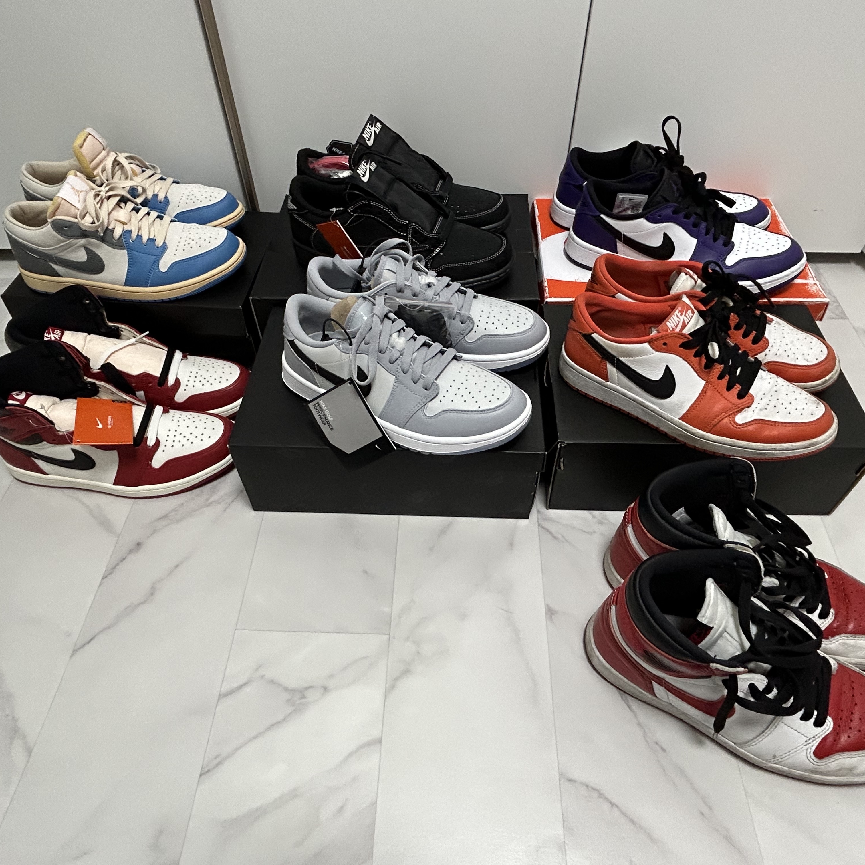 Jordan 1 Low Golf Wolf Grey, Jordan 1 x Travis Scott Retro Low OG SP Black Phantom 착용 스타일