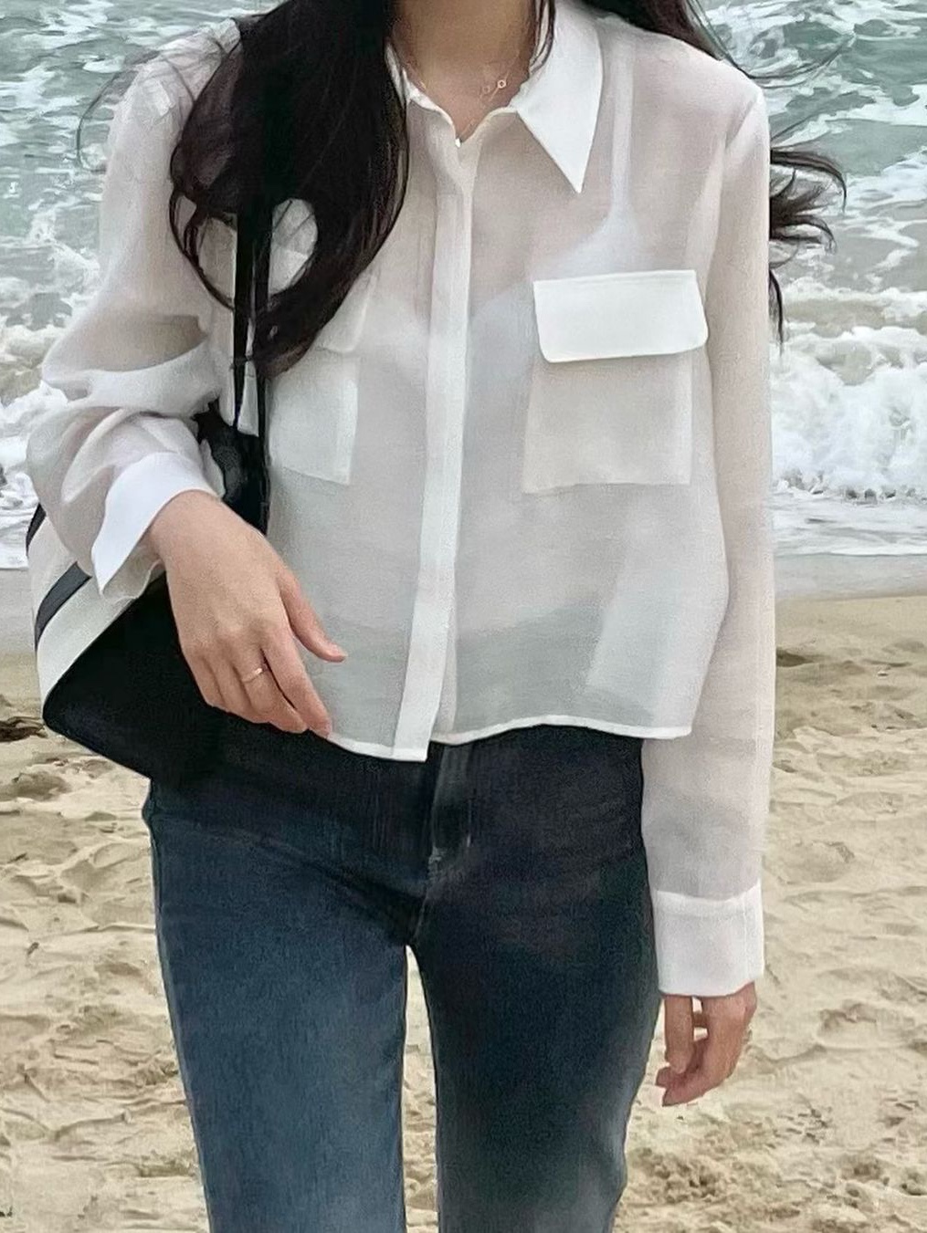 Haveless Women Sheer Long Sleeve Shirt White 착용 스타일