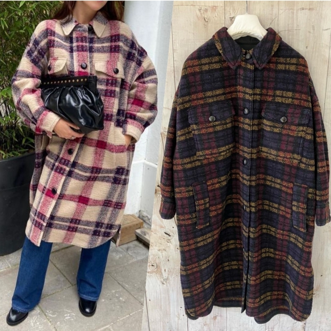 (W) Isabel Marant Fontizi Checked Coat Burgundy Ecru - 22FW 착용 스타일 - 1