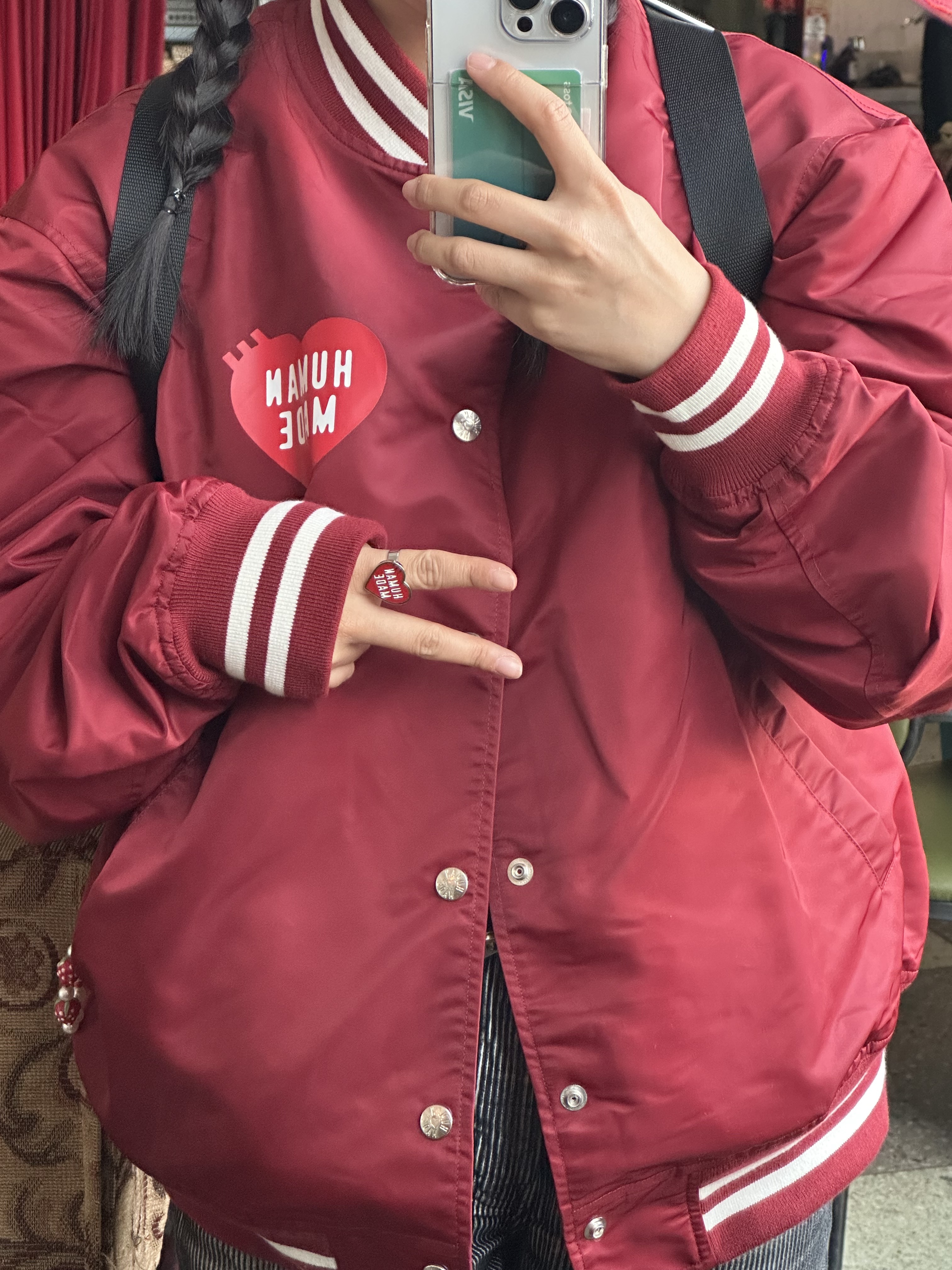 Human Made Heart Ring Red, Human Made Nylon Stadium Jacket Burgundy 착용 스타일 - 1