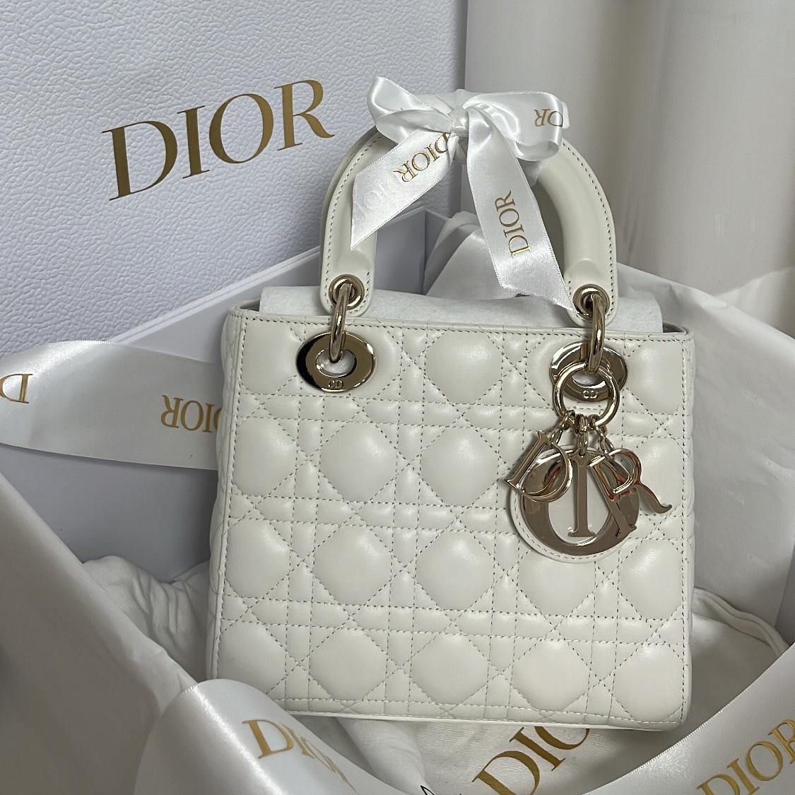 Dior Small Lady Bag My ABCDior Cannage Lambskin Latte 착용 스타일