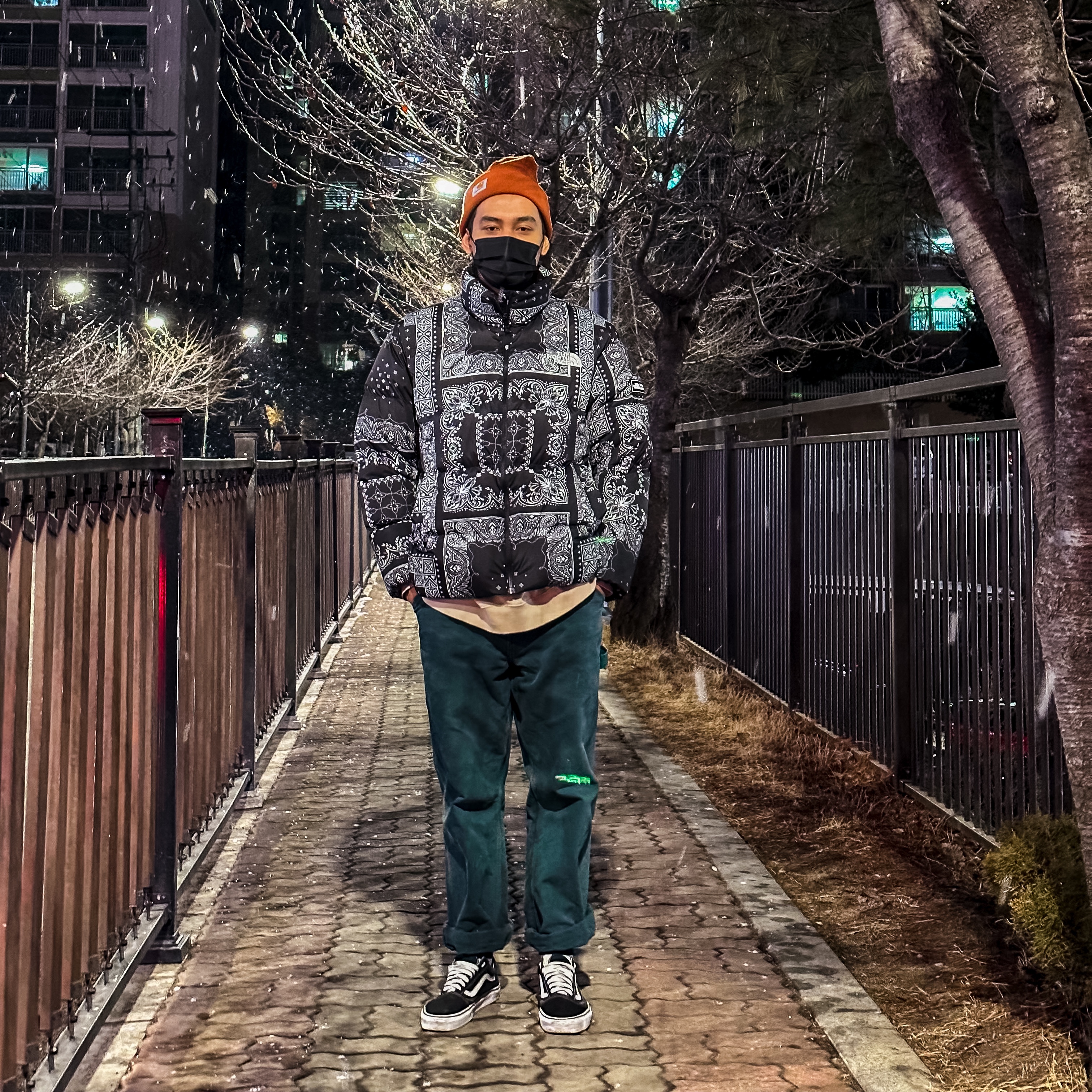 The North Face Novelty Lofty Down Jacket Real Black, Vans ComfyCush Old Skool Black True white 착용 스타일