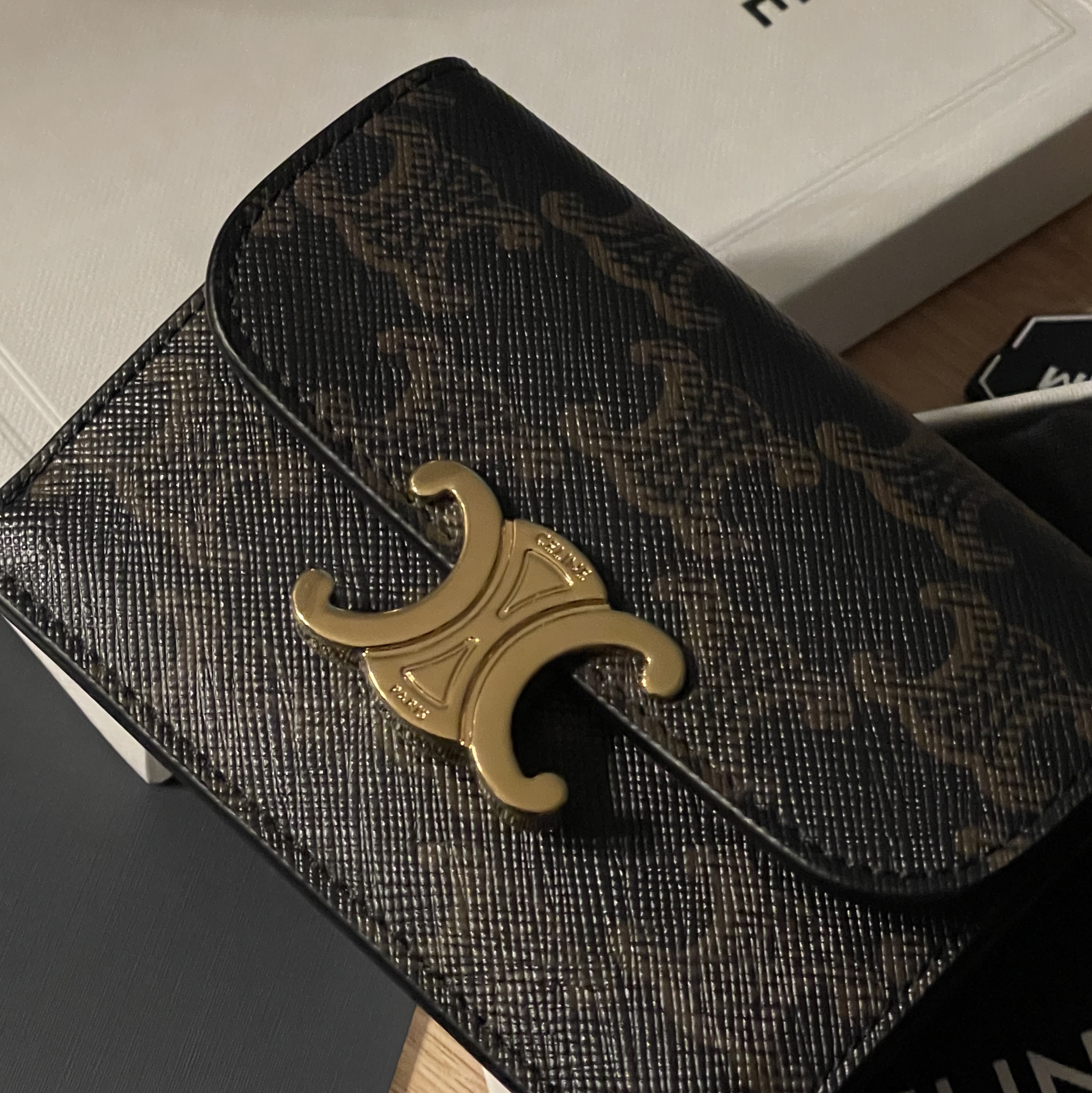 Celine Card Holder with Flap in Triomphe Canvas Tan 착용 스타일