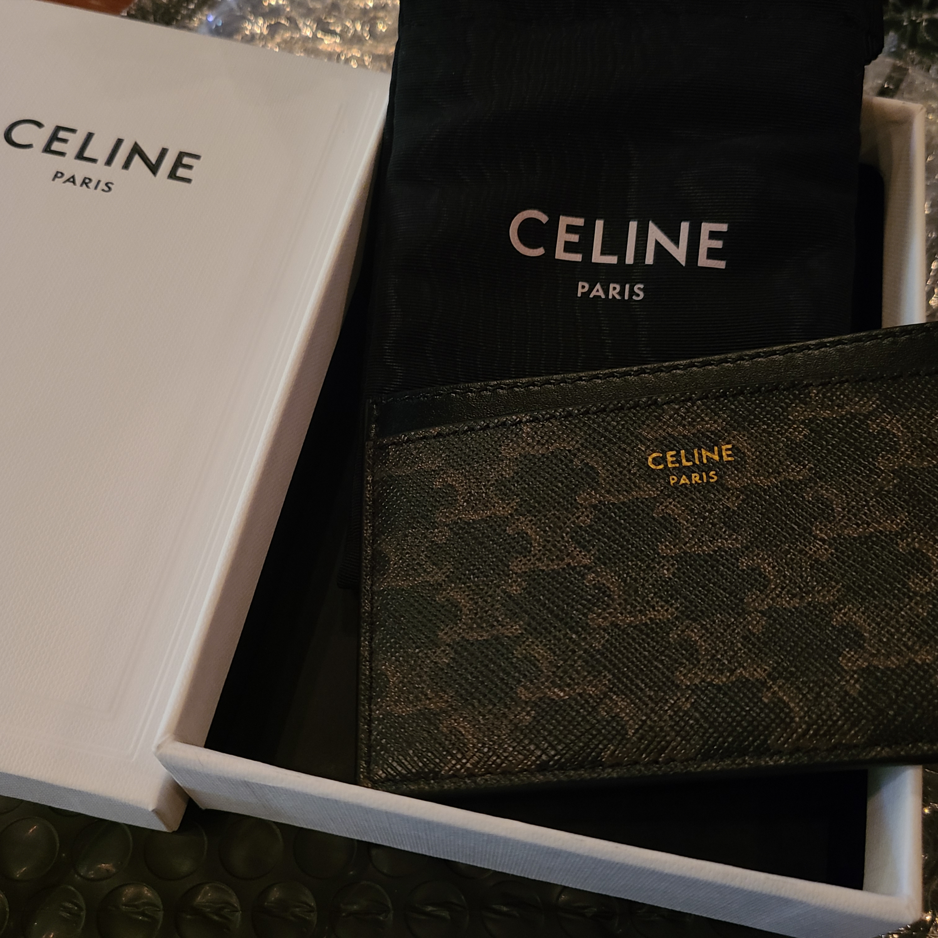 Celine Card Holder in Triomphe Canvas and Calfskin Black 착용 스타일