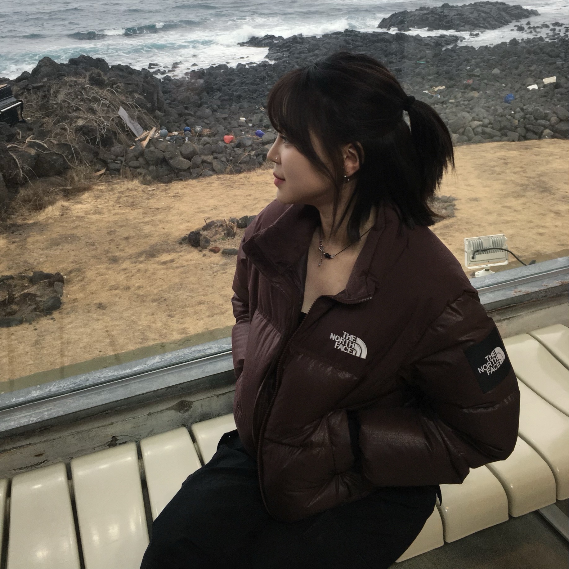 (W) The North Face White Label Novelty Nuptse Down Jacket Cocoa Brown 착용 스타일 - 2