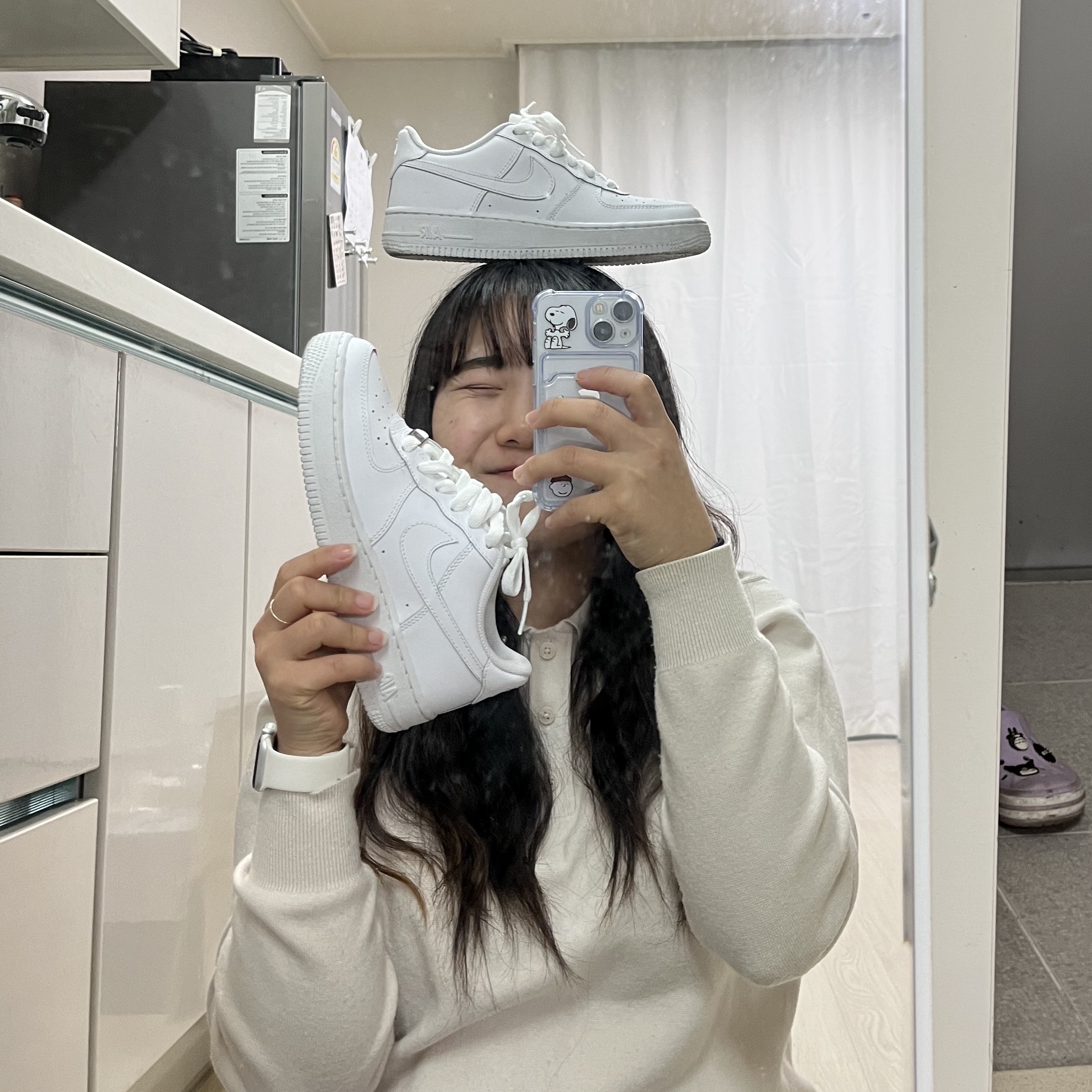 (GS) Nike Air Force 1 LE White 착용 스타일 - 2