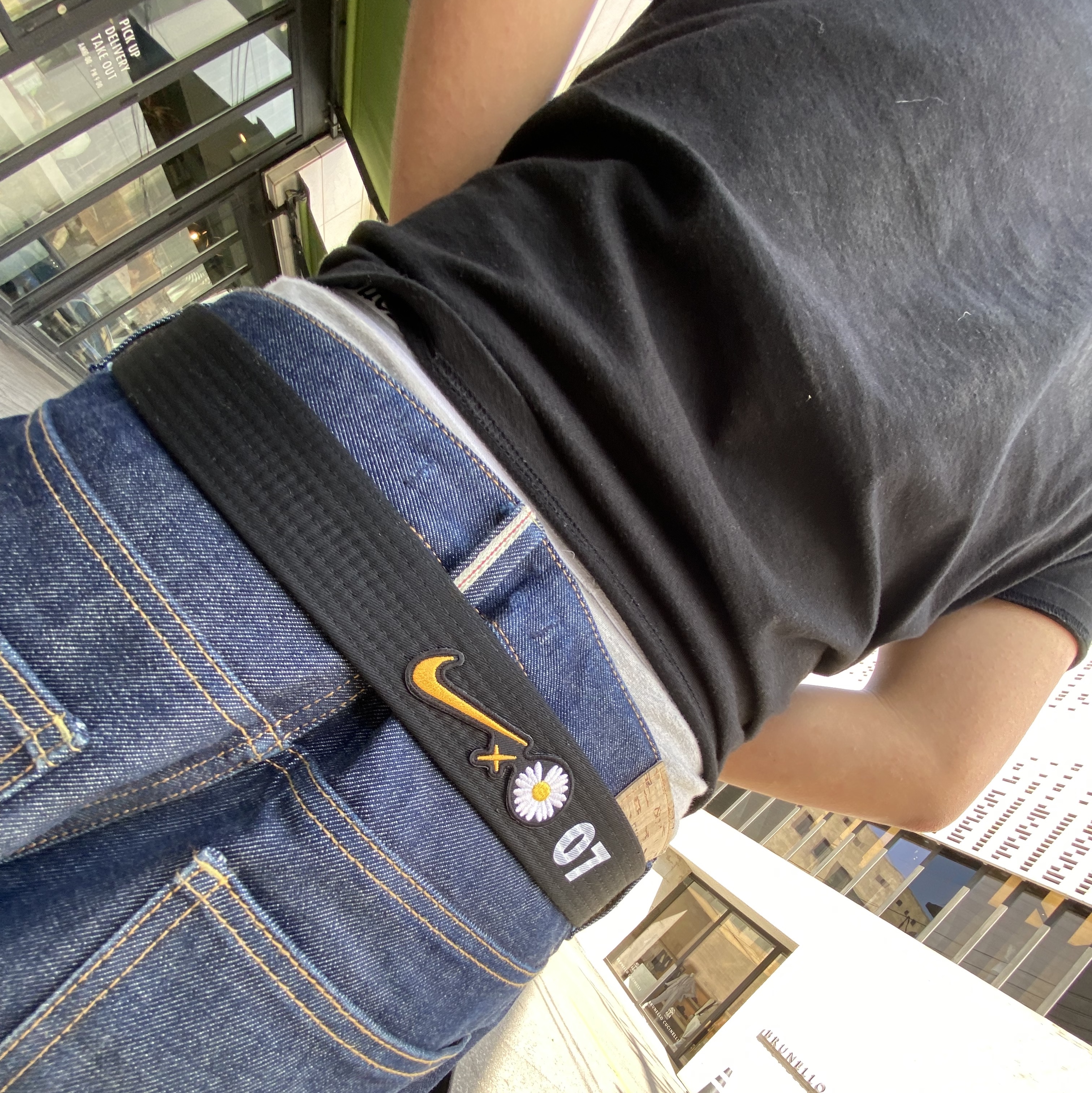 Nike x Peaceminusone Kwondo1 Black and White, Thug Club x MCM Zip Denim Pants Blue 착용 스타일 - 5