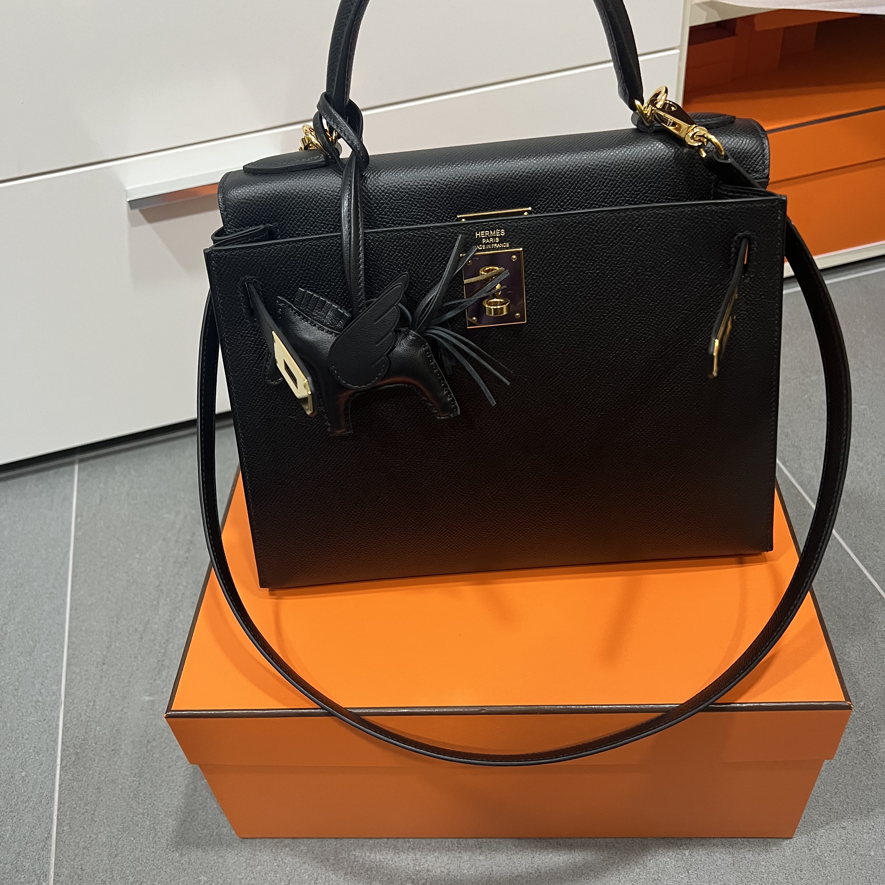 Hermes Rodeo Pegase PM Charm Milo Swift & Noir 착용 스타일