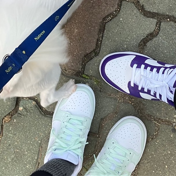 (W) Nike Dunk Low Next Nature Barely Green and White, Nike Dunk Low Retro Championship Court Purple 착용 스타일 - 1