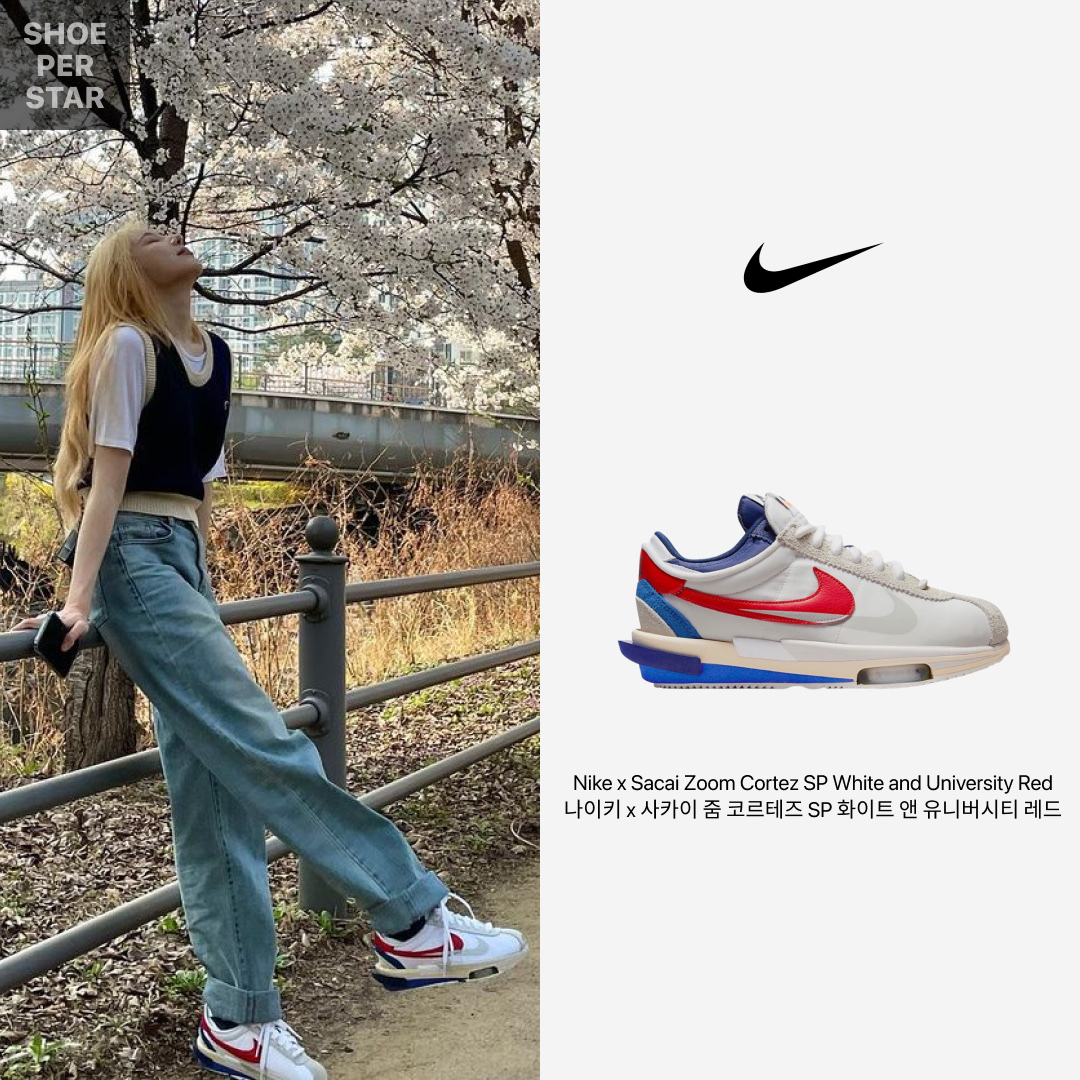Nike x Sacai Zoom Cortez SP White and University Red 착용 스타일 - 1
