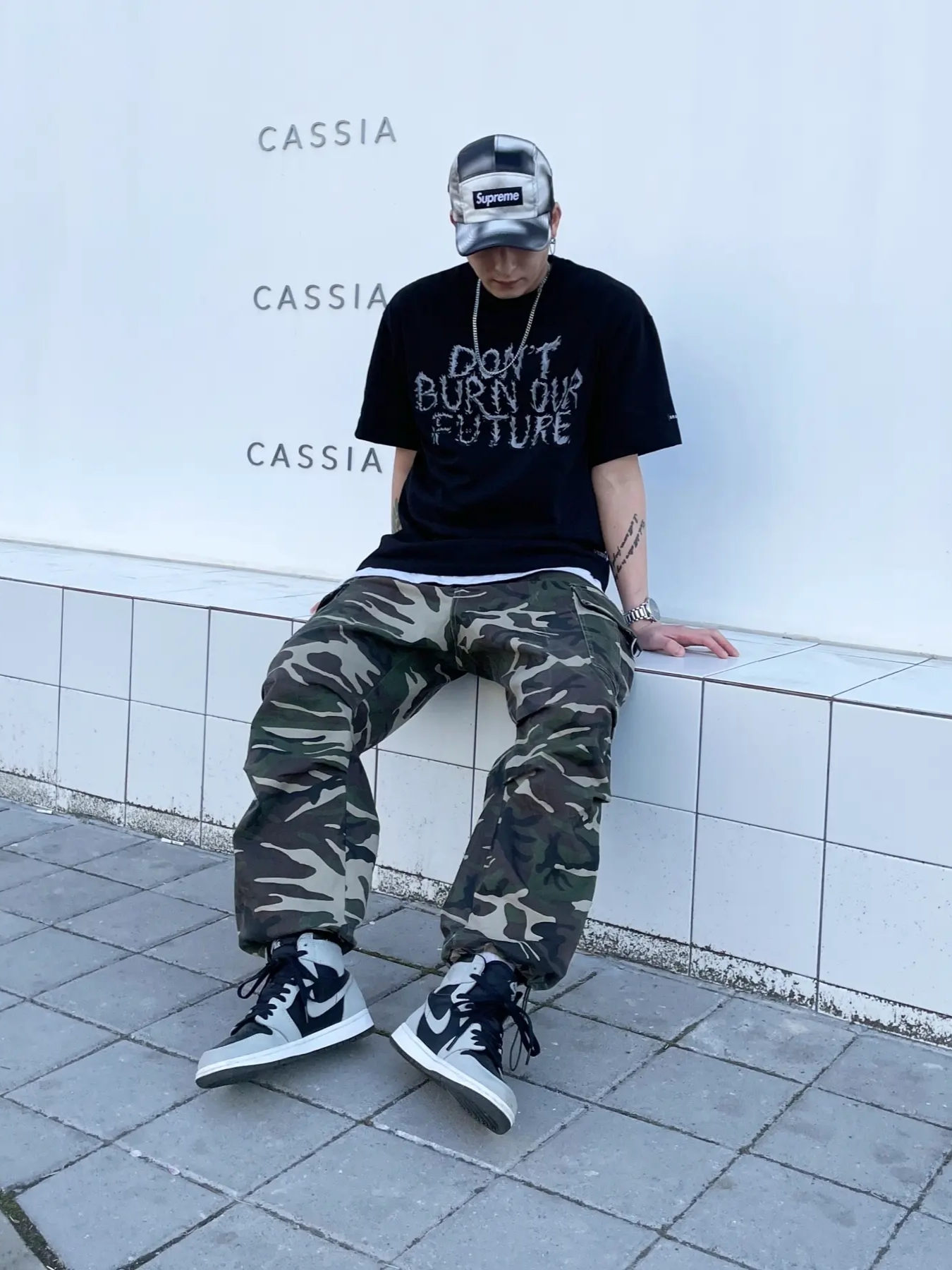 Supreme Washed Satin Camo Camp Cap Snow Camo - 21SS, Jordan 1 Retro High OG Shadow 2.0 착용 스타일