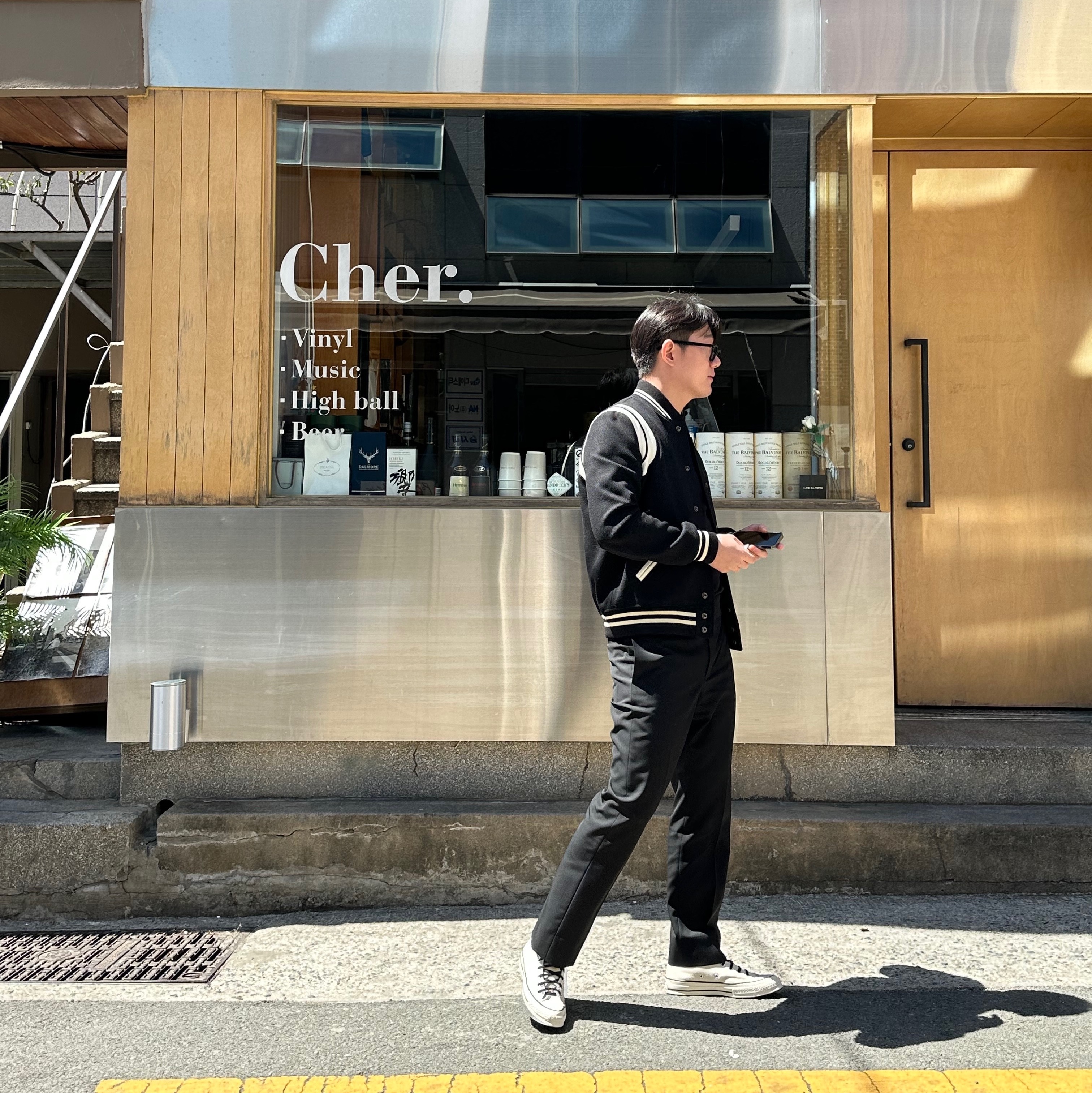 Saint Laurent Teddy Jacket in Wool Black White, Converse x Stussy Chuck 70 High Natural Ivory 착용 스타일