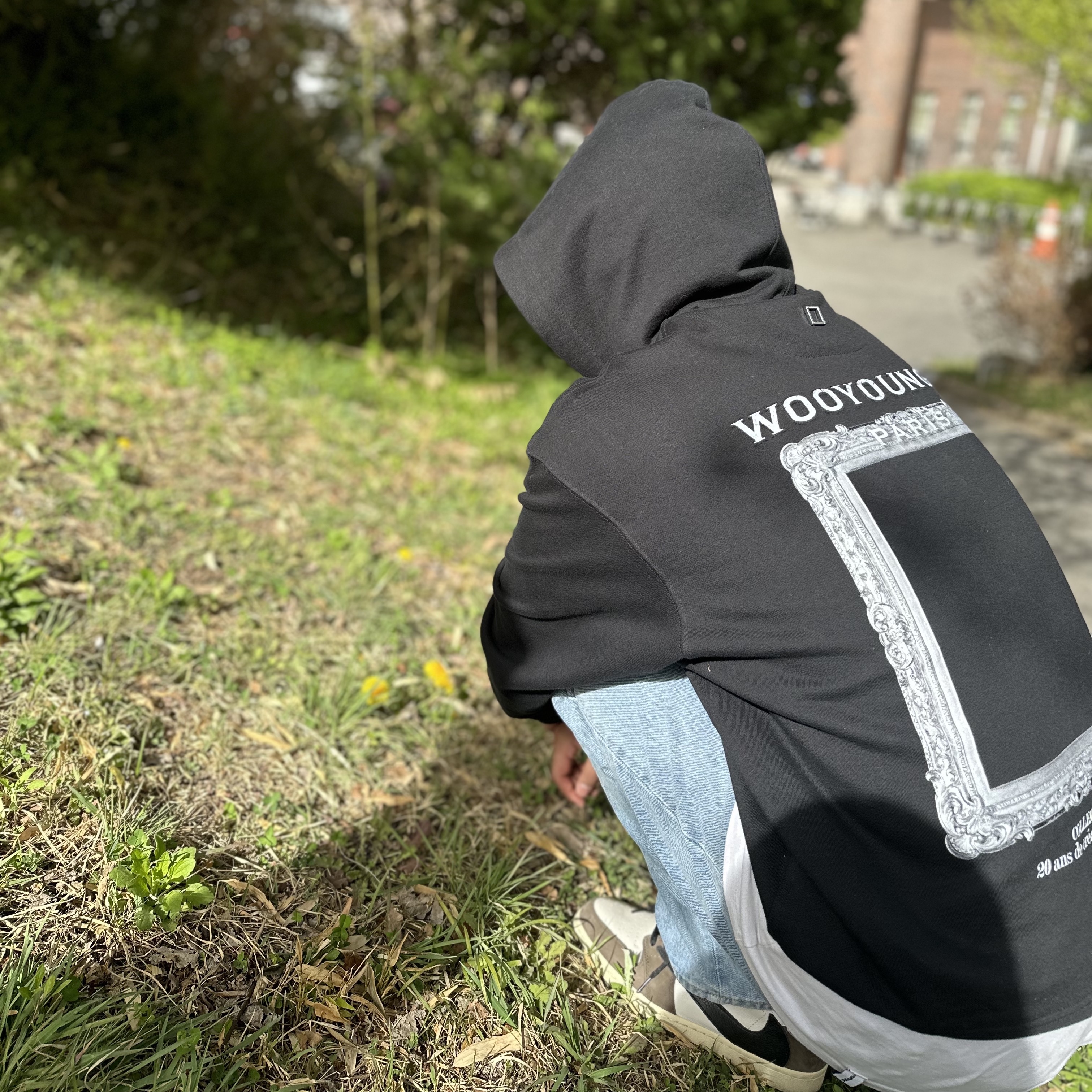 Jordan 1 x Travis Scott Retro High OG SP Mocha, Wooyoungmi Frame Back Logo Hooded Sweatshirt Black - 23SS 착용 스타일