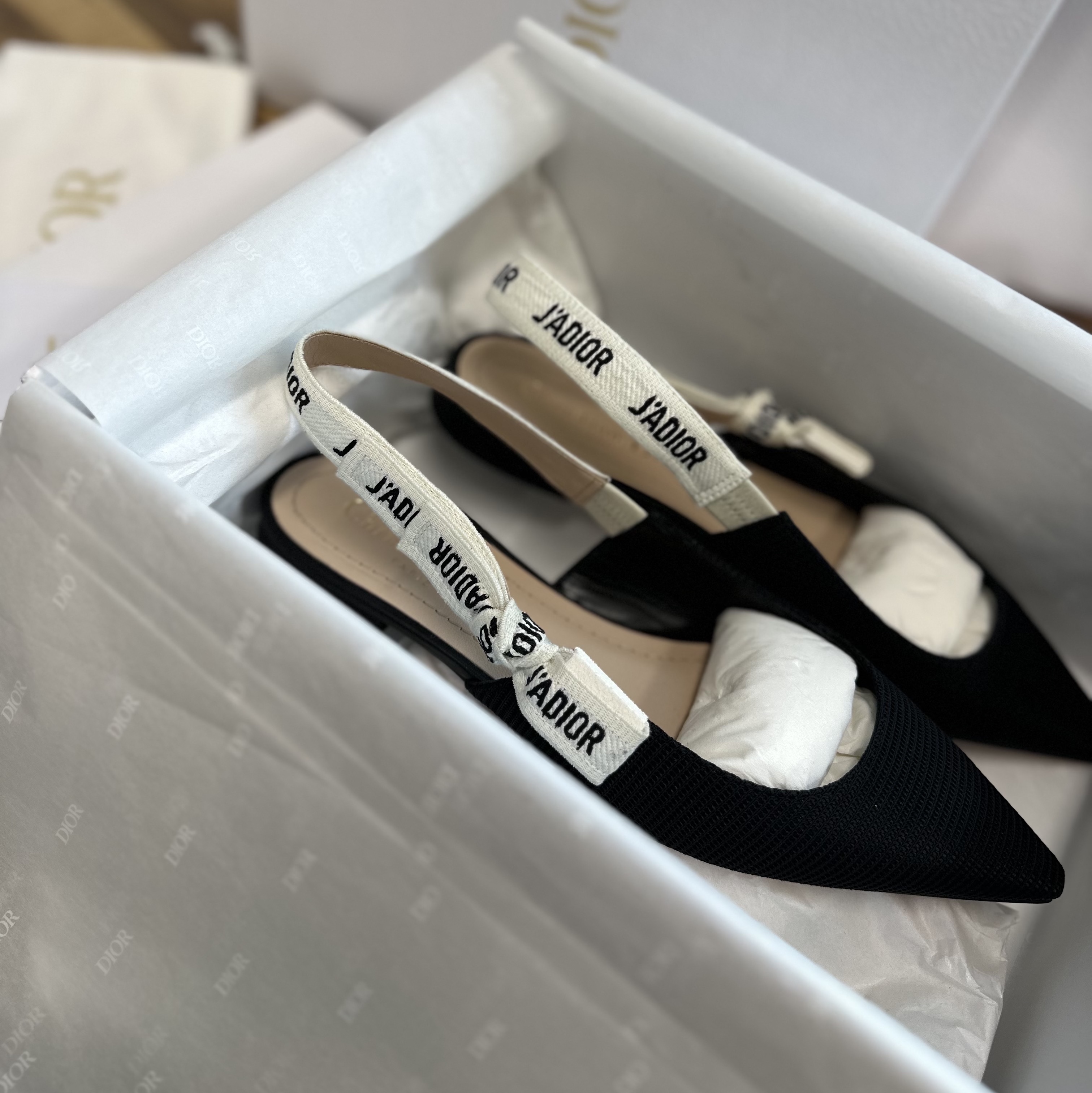 (W) Dior J'adior Slingback Ballerina Flat Technical Fabric Black 착용 스타일 - 2