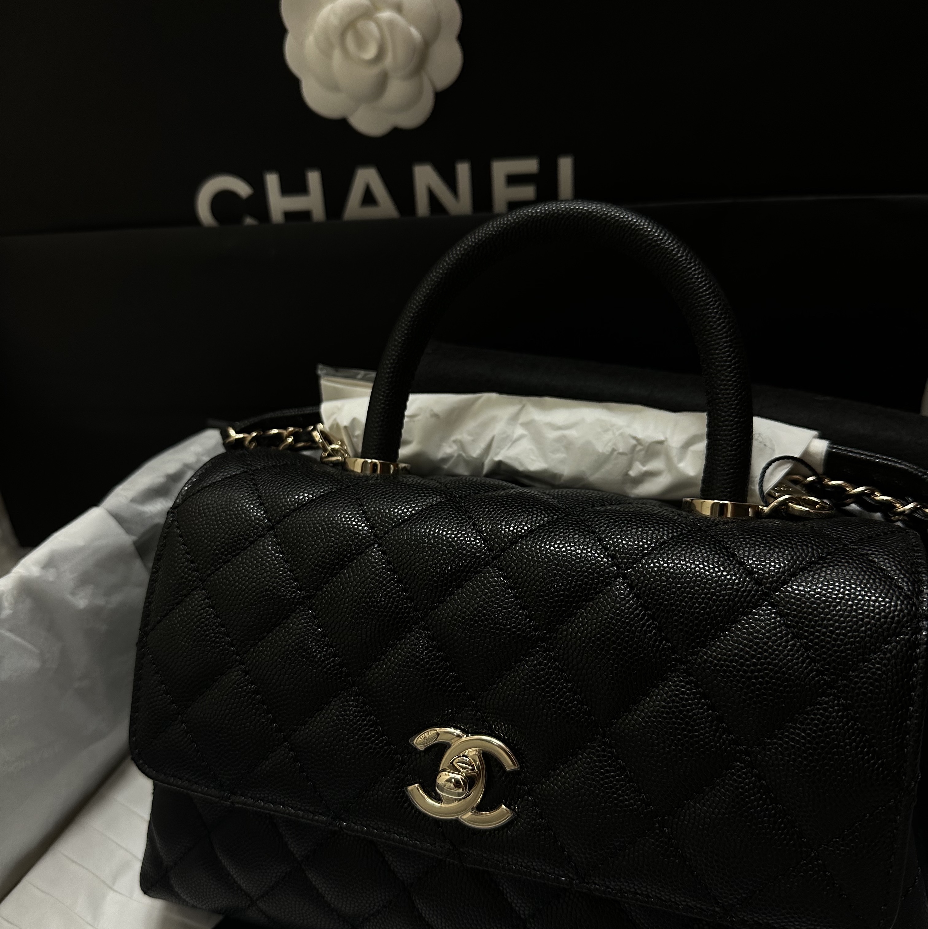 Chanel Flap Bag with Top Handle Grained Calfskin & Gold Black 착용 스타일