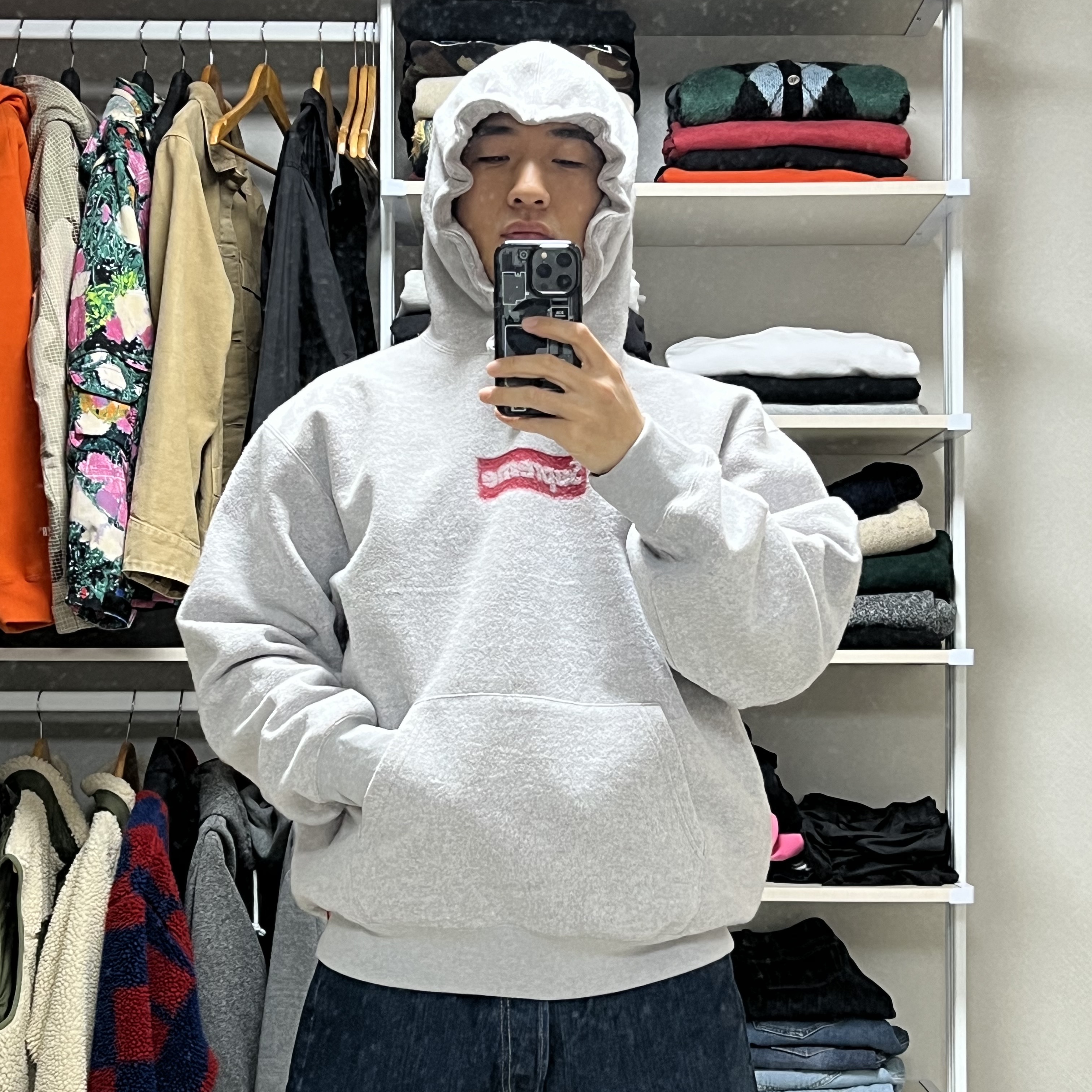 Supreme Inside Out Box Logo Hooded Sweatshirt Heather Grey - 23SS 착용 스타일 - 1