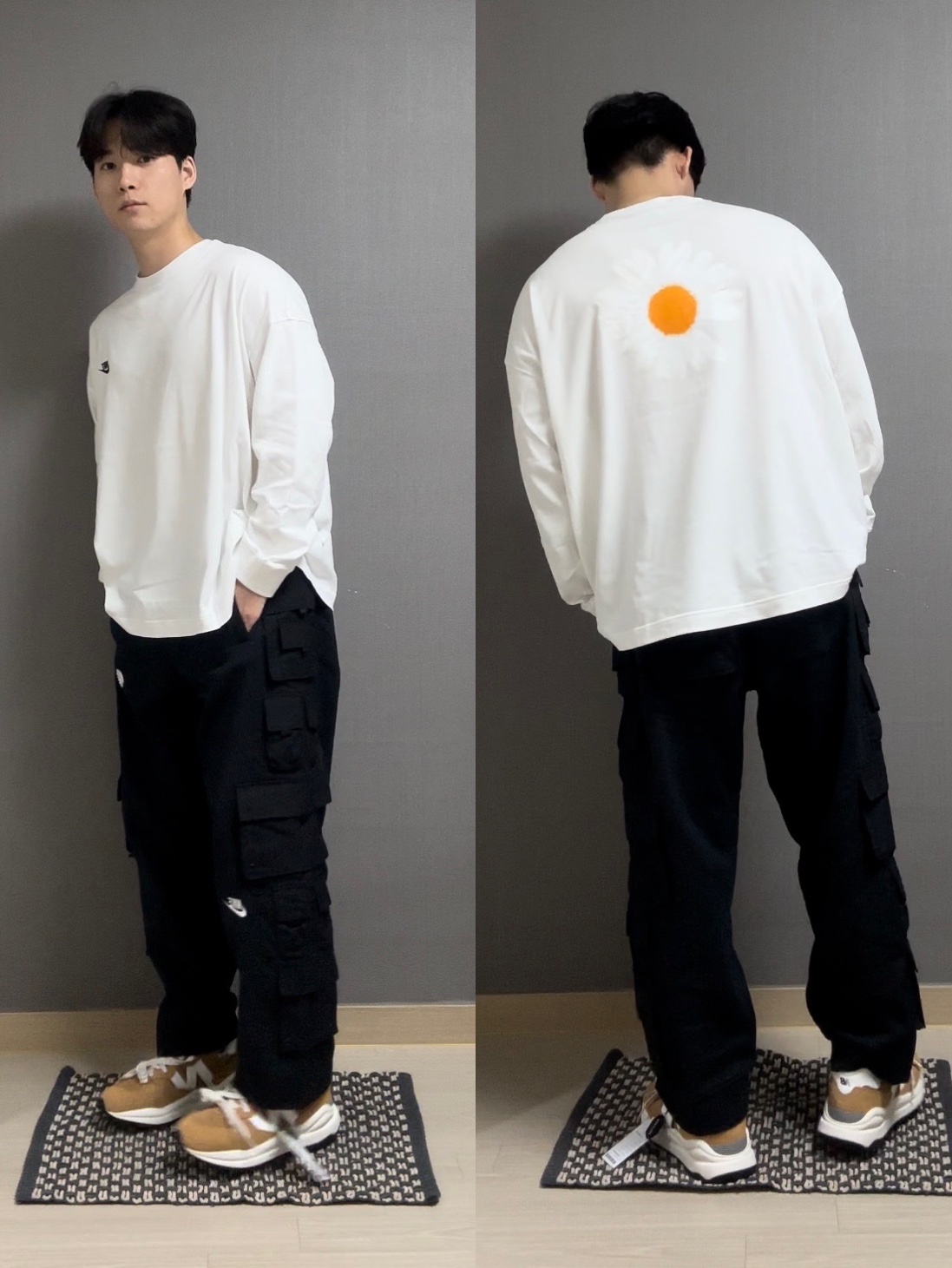Nike x Peaceminusone LS T-Shirt White (DR0098-100), Nike x Peaceminusone Wide Pants Black (DR0096-010) 착용 스타일
