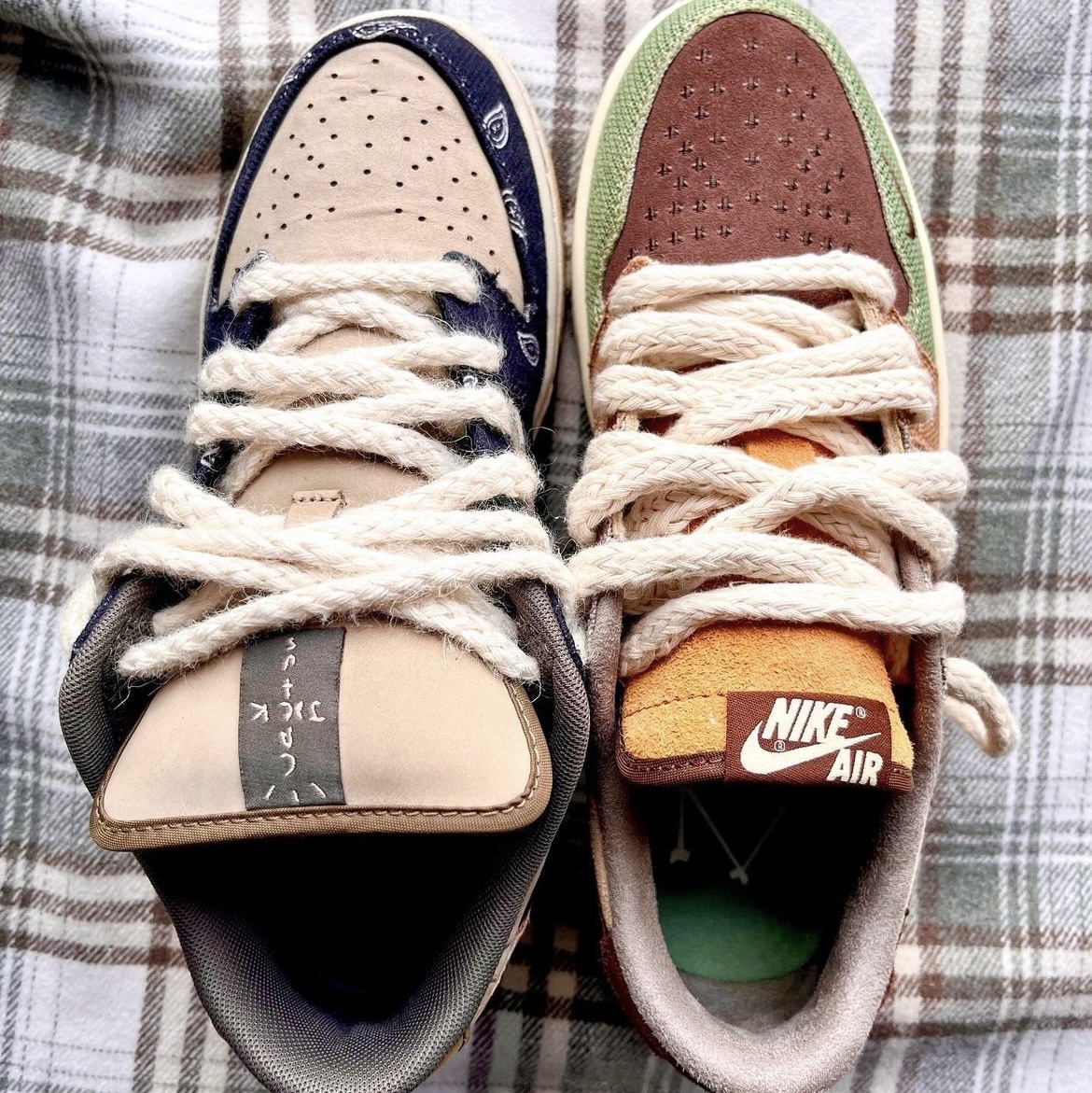Jordan 1 x Zion Williamson Retro Low OG Flax and Oil Green, Nike x Travis Scott SB Dunk Low 착용 스타일