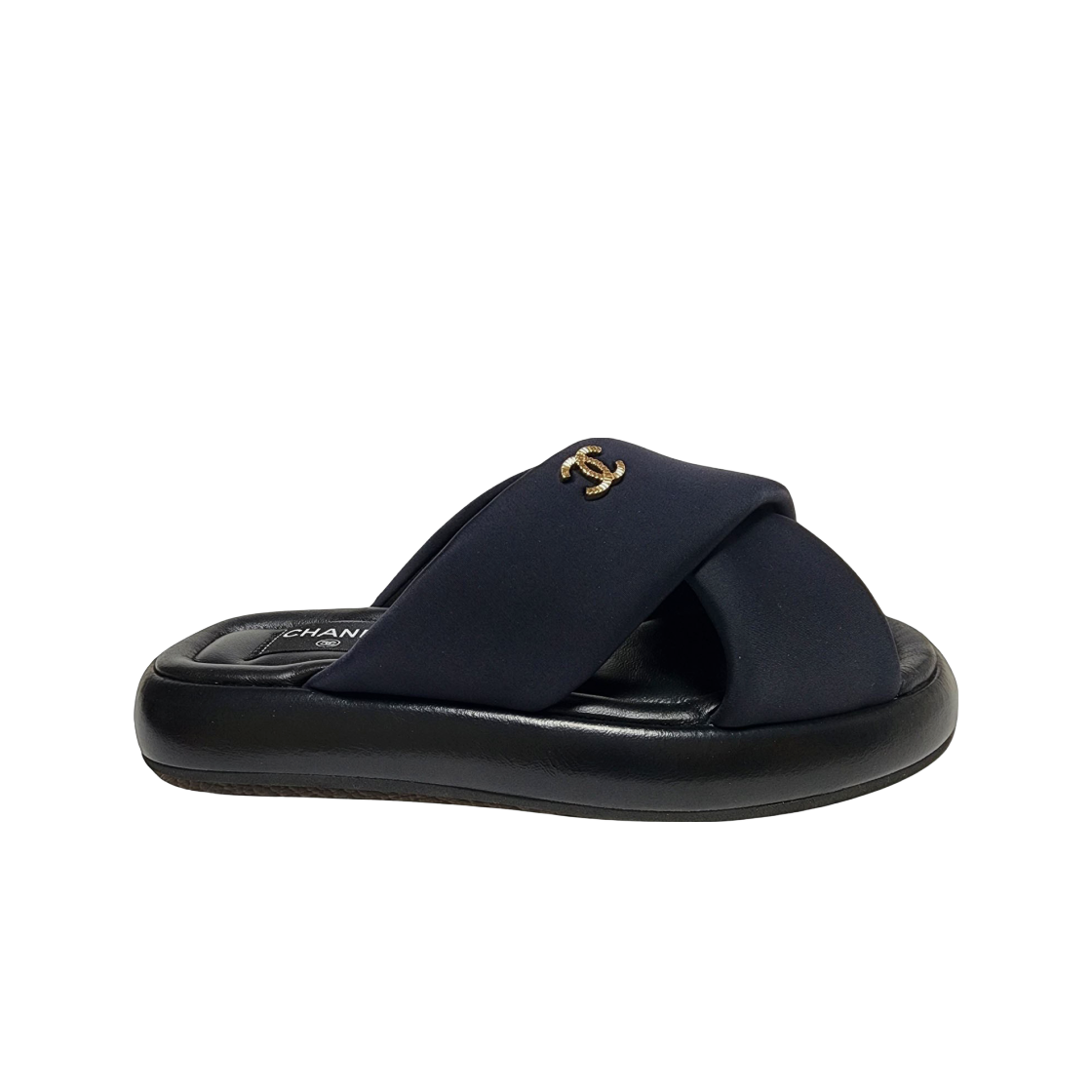 (W) 샤넬 뮬 패브릭 & 골드 메탈 블랙((W) Chanel Mules Fabric & Gold Black) - 1