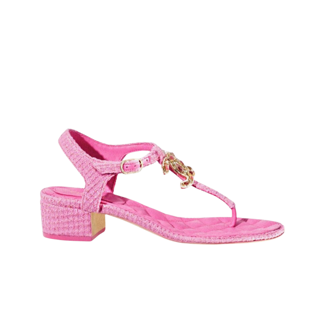(W) 샤넬 샌들 코튼 트위드 쥬얼 & 골드 메탈 핑크