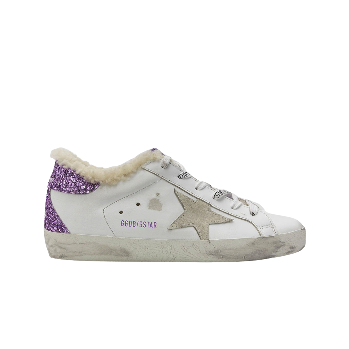 (W) 골든구스 그레이 슈퍼스타 화이트 라벤더 글리터탭 셔링 라이닝 스니커즈((W) Golden Goose Superstar White Lavender Glitter Heel Tab Shearling Lining Sneakers) - 1