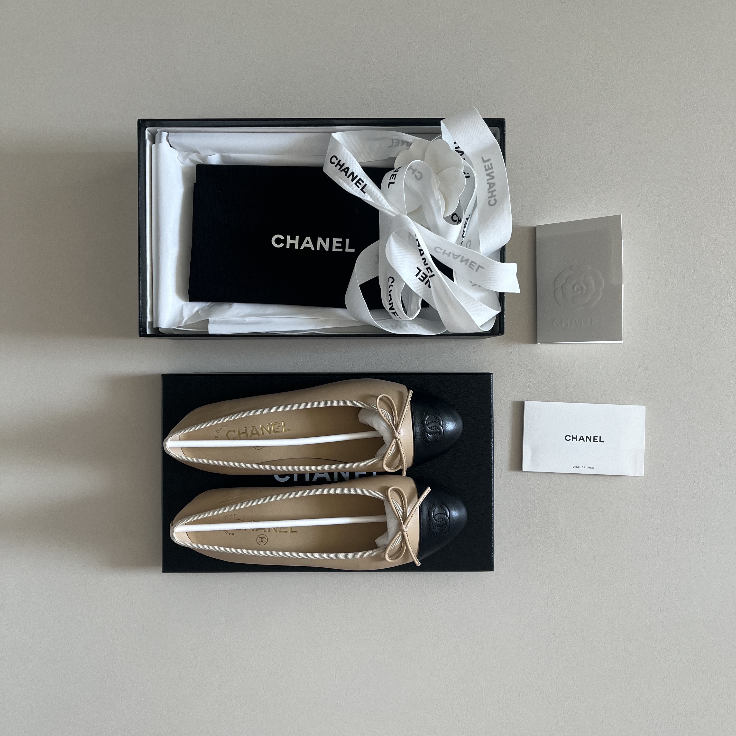 (W) Chanel Ballerina Flat Lambskin & Beige Black 착용 스타일 - 2