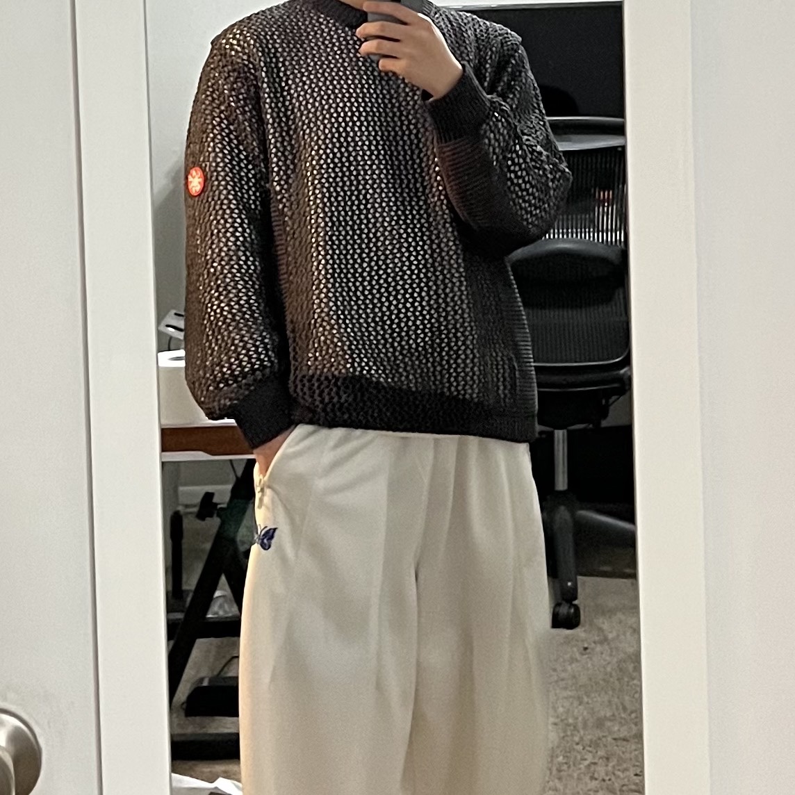 Needles H.D. Track Pants Poly Smooth Ice White, Cav Empt Side Rib Loose Net Knit Charcoal - 23SS 착용 스타일