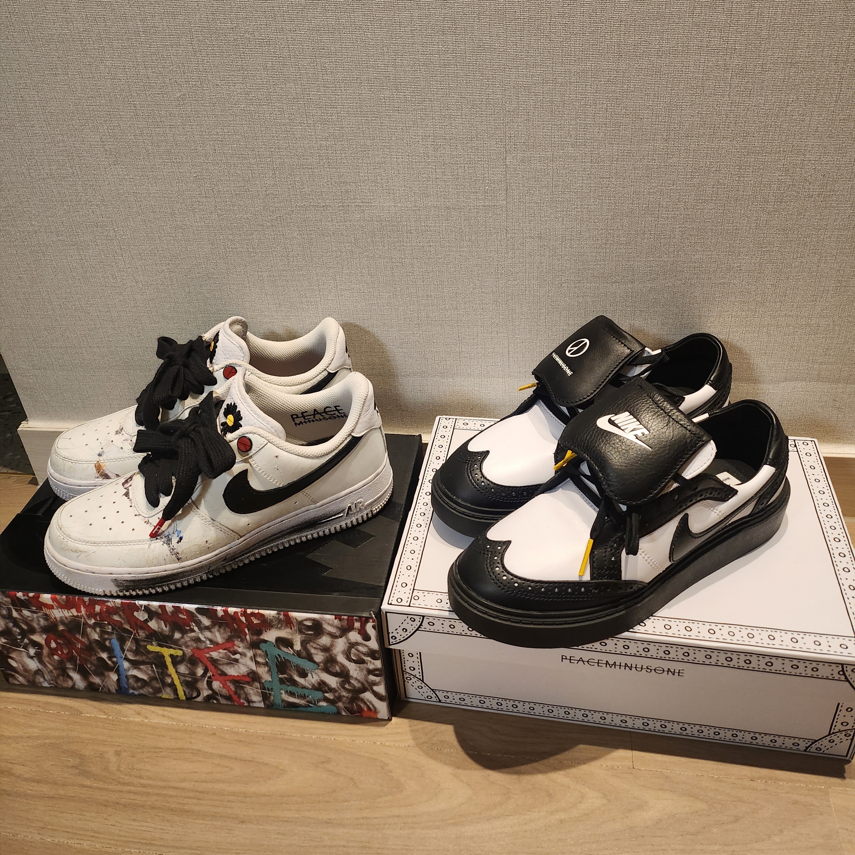 Nike x Peaceminusone Kwondo1 Black and White, Nike x Peaceminusone Air Force 1 Low Para-Noise 2.0 착용 스타일