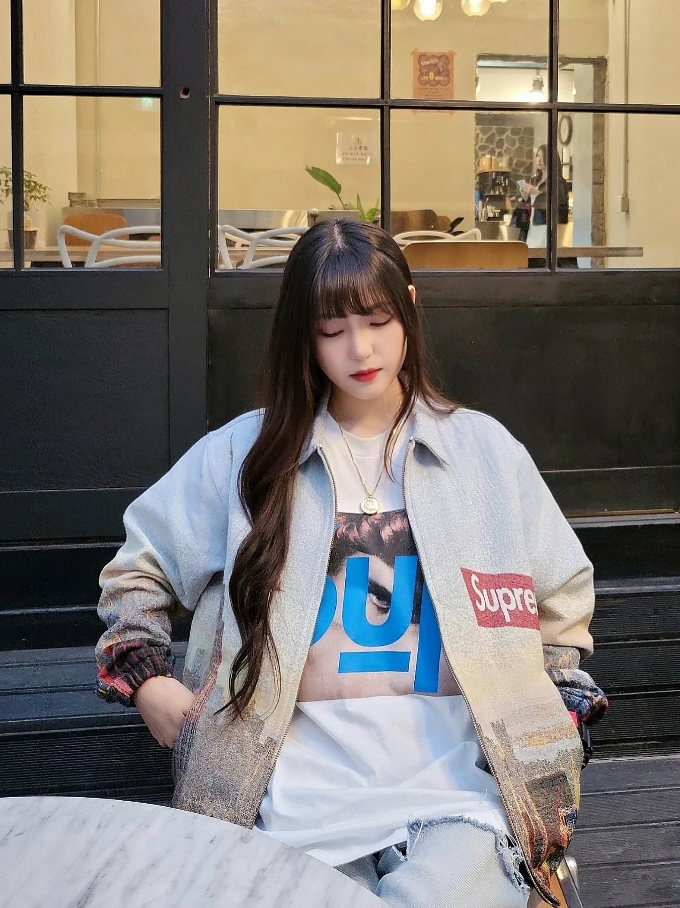 Supreme x Undercover Face T-Shirt White - 23SS, Supreme Aerial Tapestry Harrington Jacket - 20FW 착용 스타일 - 4