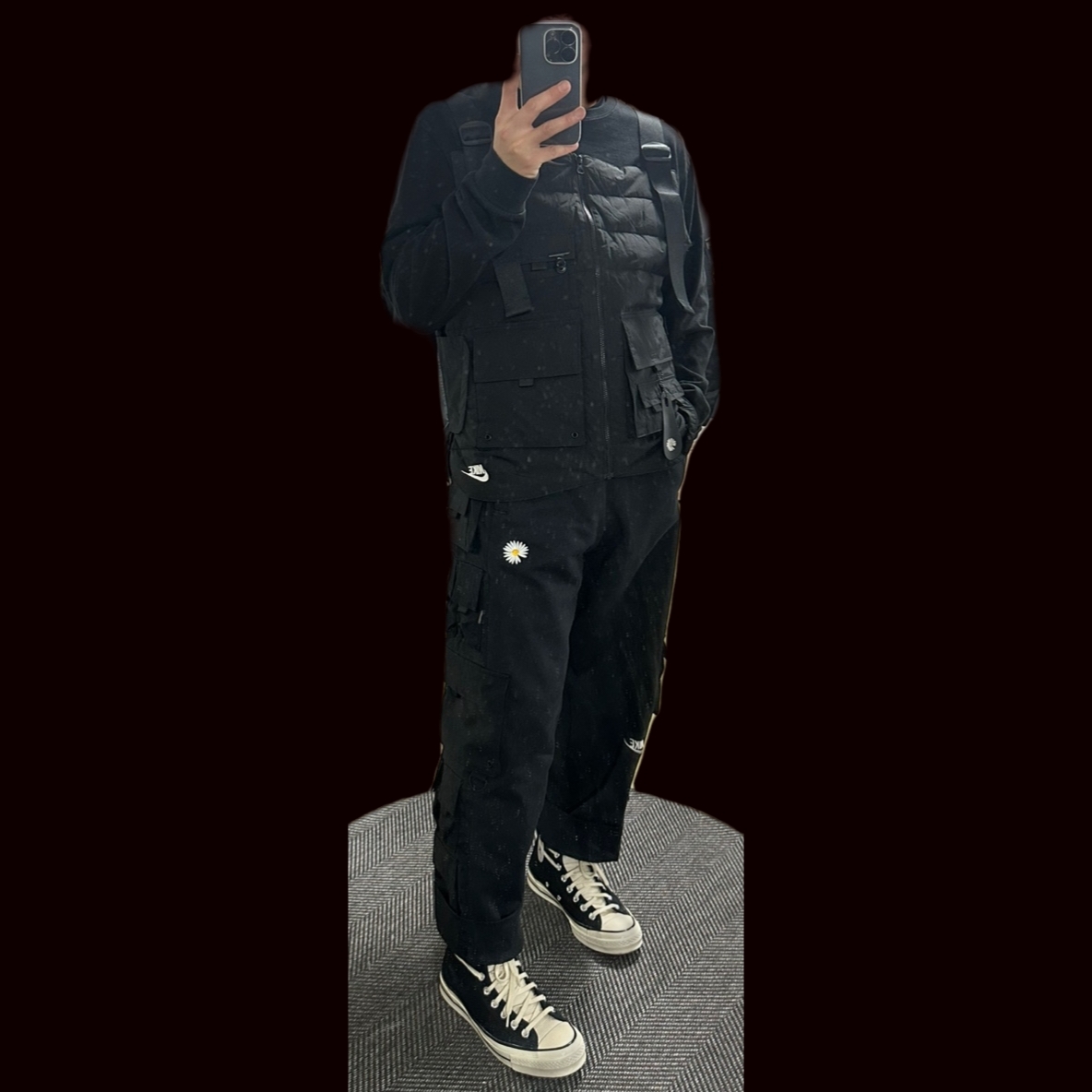 Nike x Peaceminusone 2+1 Jacket Black (DR0100-010), Nike x Peaceminusone Wide Pants Black (DR0096-010) 착용 스타일 - 2