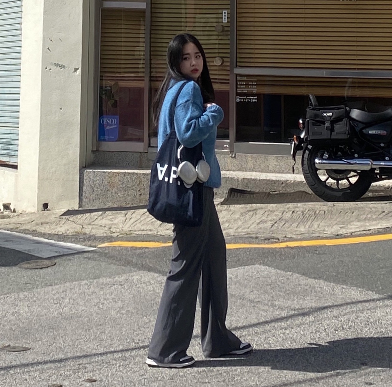 A.P.C. Laure Tote Bag Blue, Apple AirPods Max Lightning Silver (Korean Ver.) 착용 스타일
