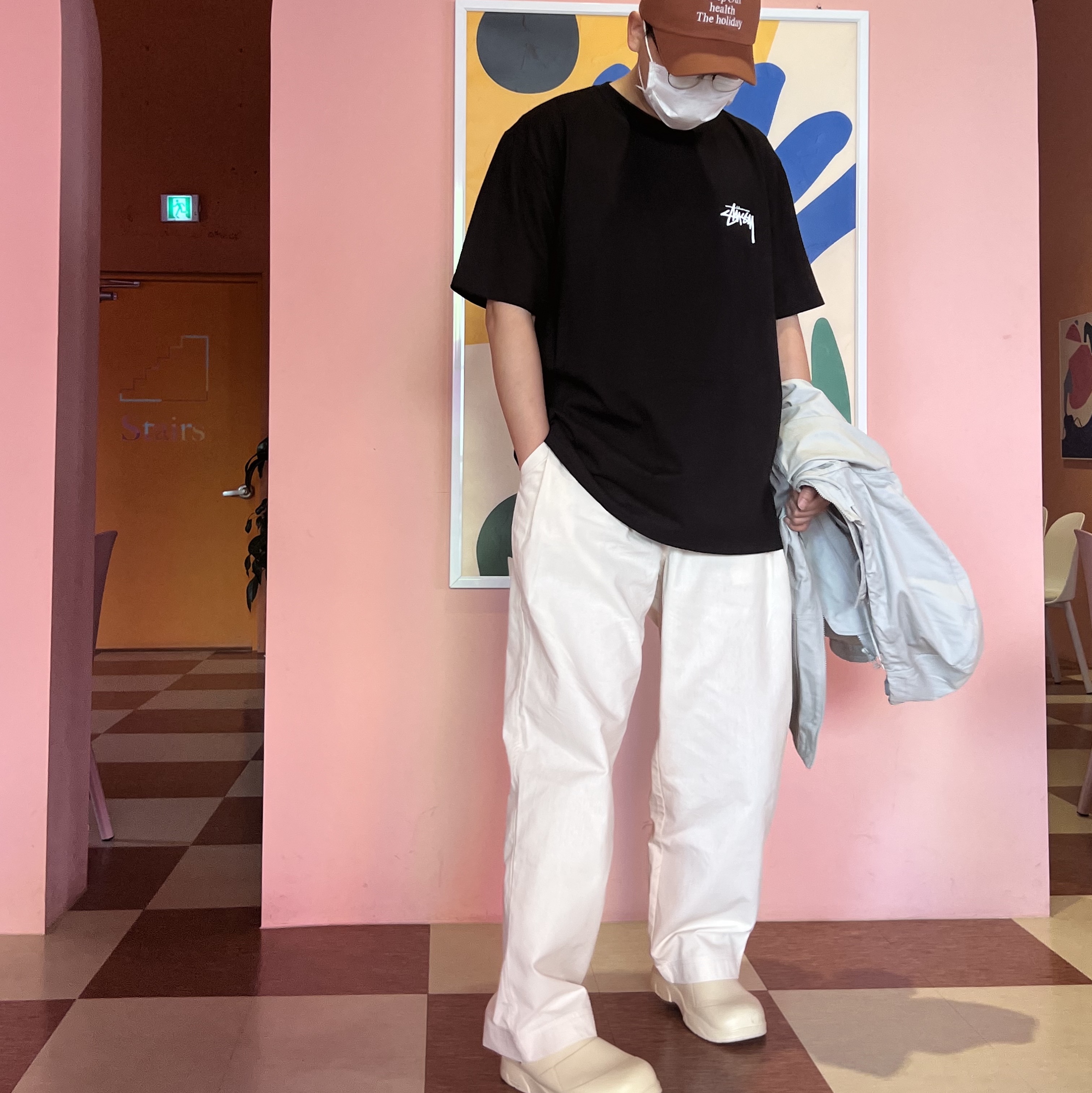Stussy Burning Stock T-Shirt Black 착용 스타일 - 2