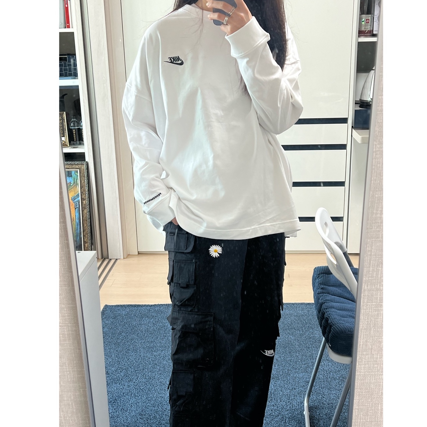 Nike x Peaceminusone LS T-Shirt White (DR0098-100), Nike x Peaceminusone Wide Pants Black (DR0096-010) 착용 스타일 - 1