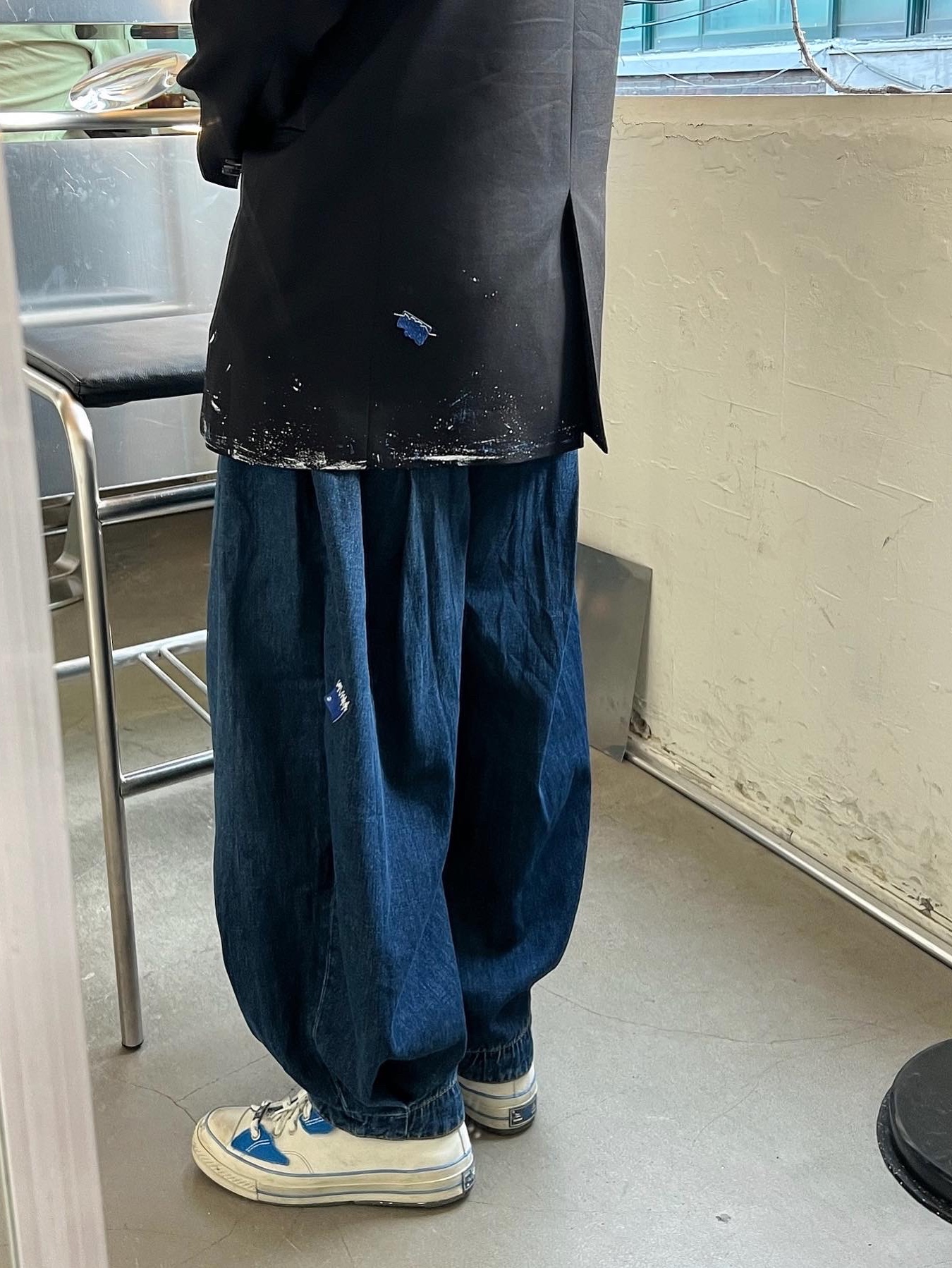 Zara x Ader Error Wide Leg Jeans Blue, Ader Error Splash Blazer Noir 착용 스타일 - 2
