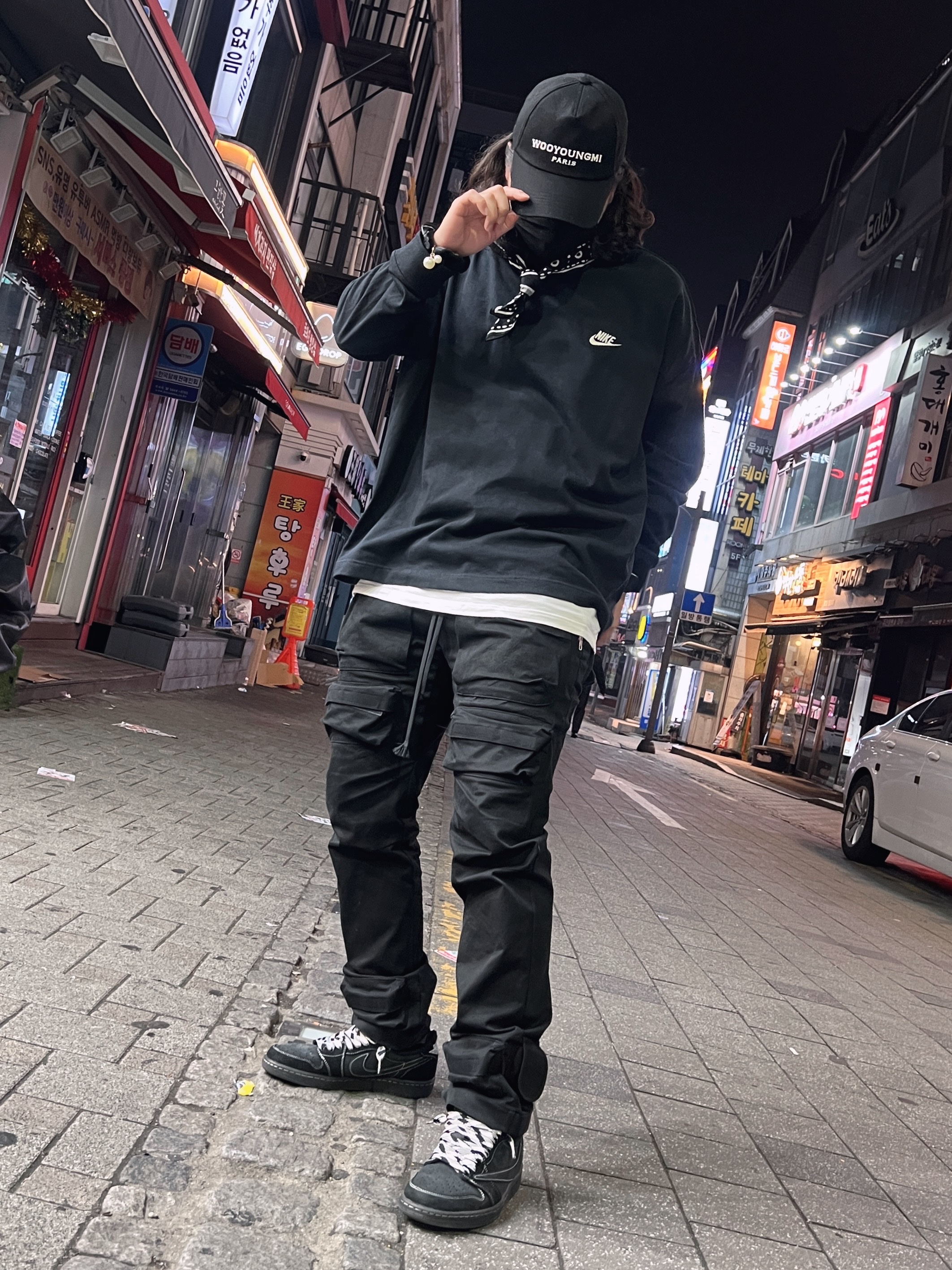 Nike x Peaceminusone LS T-Shirt Black (DR0098-010), Grailz Flight Pocket Pants Black 착용 스타일 - 2