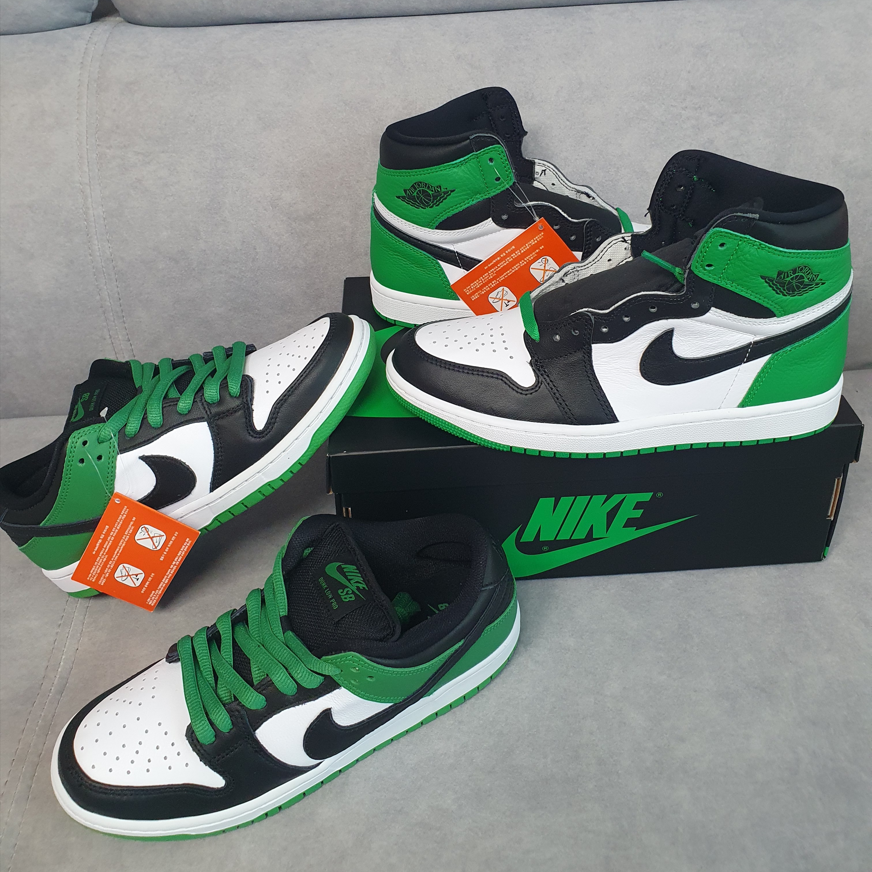 Jordan 1 Retro High OG Black and Lucky Green, Nike SB Dunk Low Pro Black and Classic Green 착용 스타일