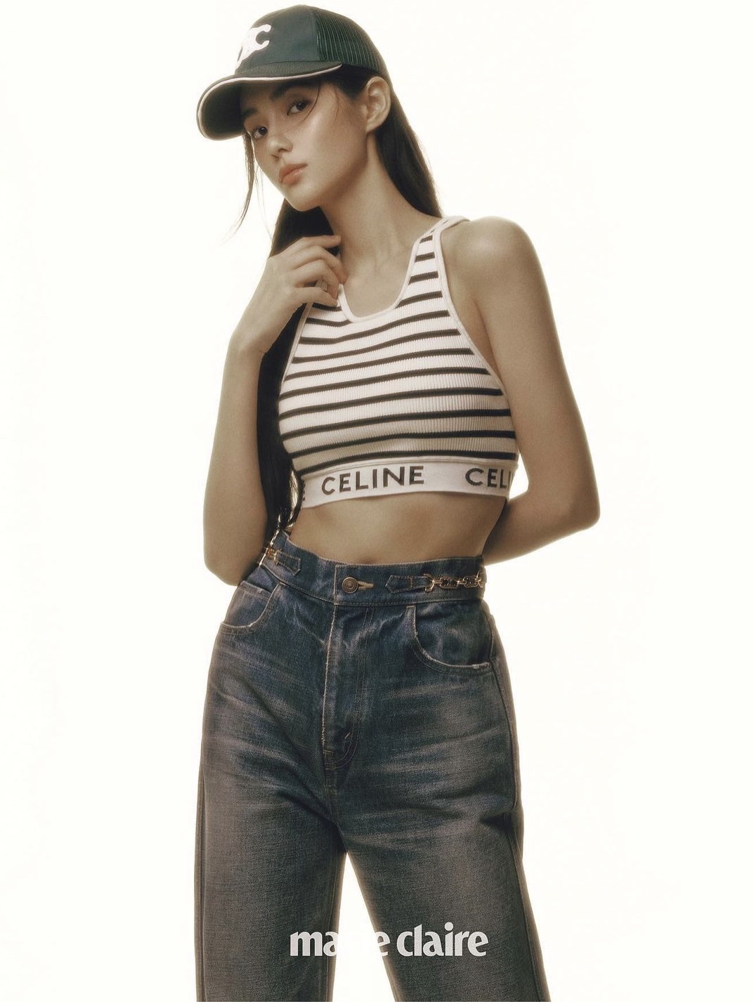 (W) Celine Bra in Athletic Mesh Cream Navy 착용 스타일