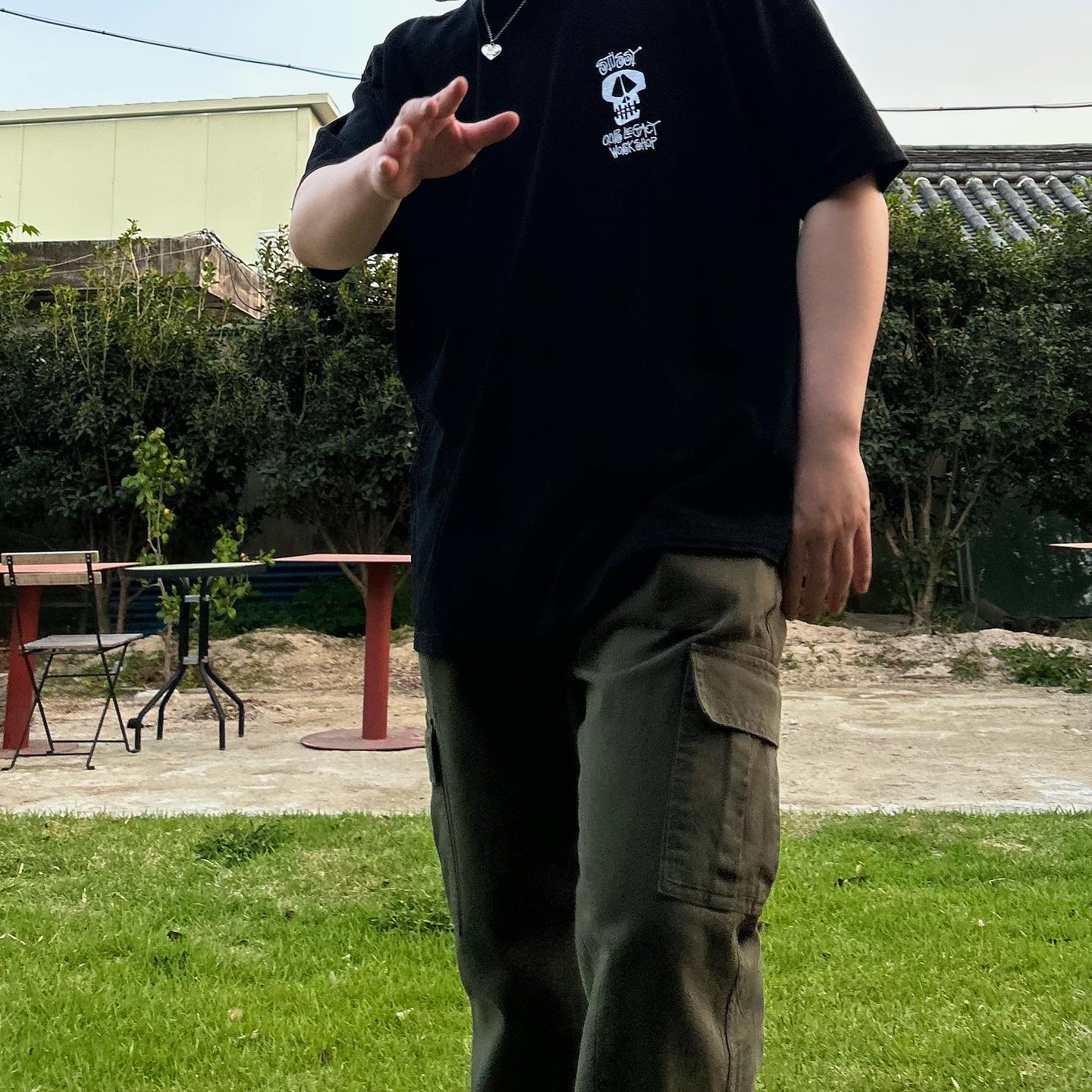 Stussy x Our Legacy Work Shop Surf Skull Pigment Dyed T-Shirt Black, Adidas Superstar 82 FI Core Black 착용 스타일 - 3