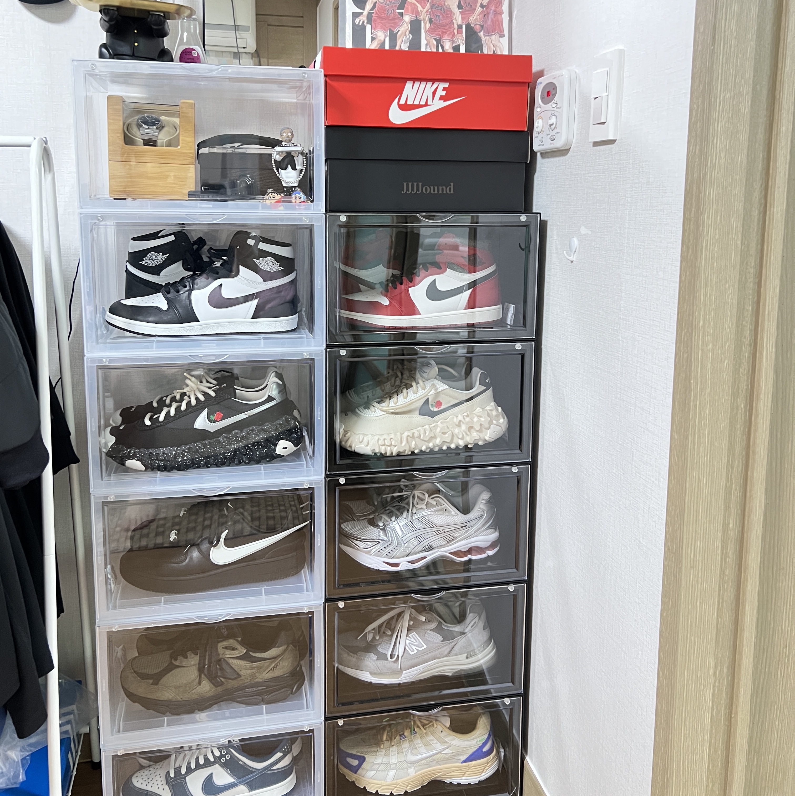 New Balance x JJJJound 990v3 Brown Black, Asics Gel-Kayano 14 White Pure Silver Red 착용 스타일 - 1